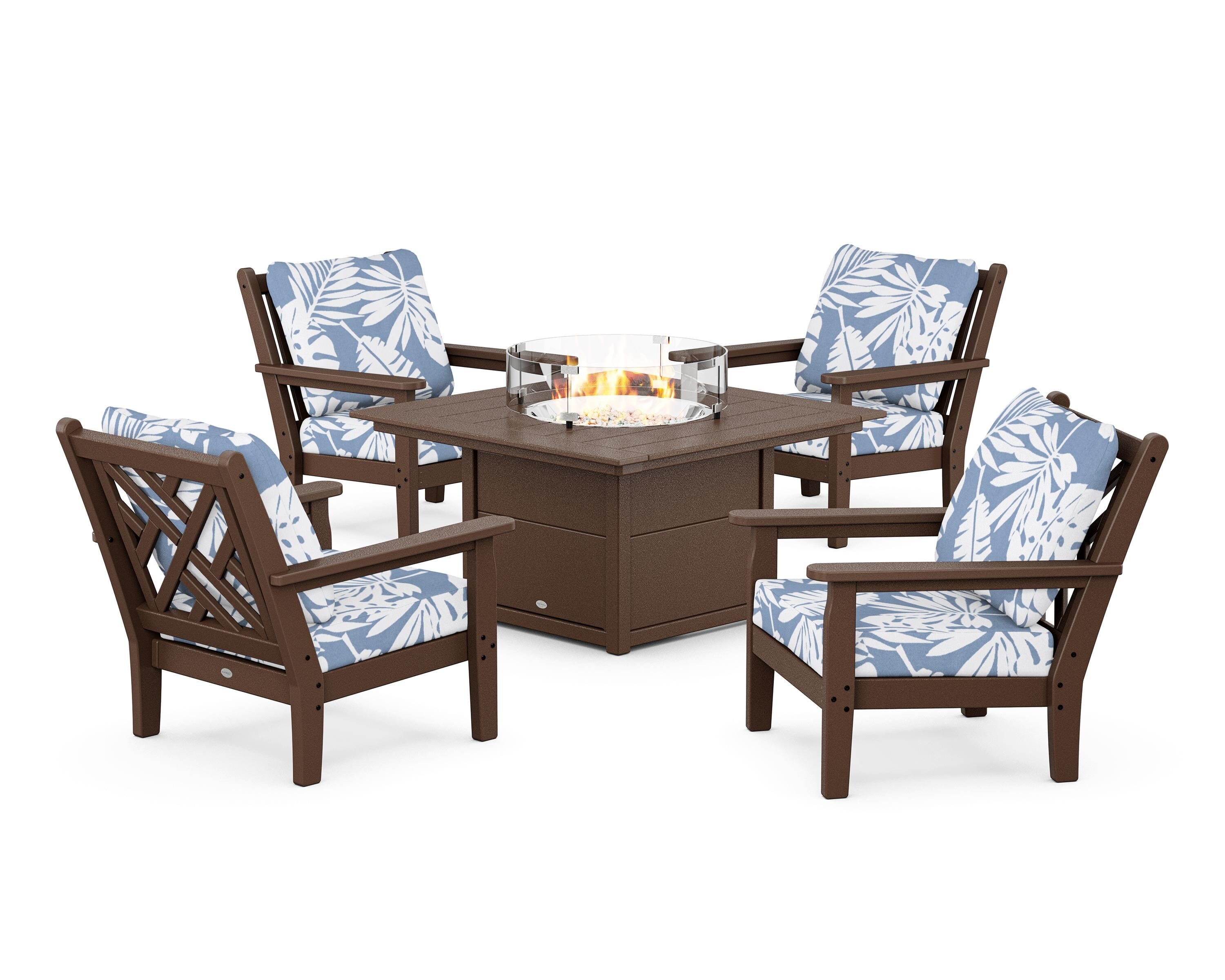 POLYWOOD Chippendale 5-Piece Deep Seating Set with Fire Pit Table in Mahogany / Leaf Sky Blue