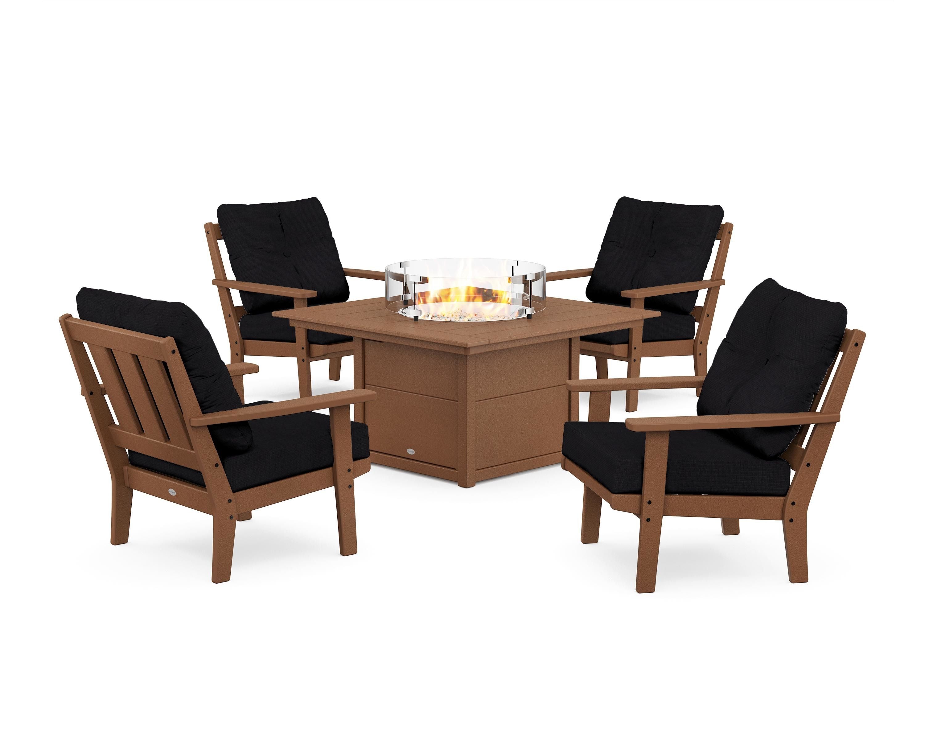 POLYWOOD Oxford 5-Piece Deep Seating Set with Fire Pit Table in Teak / Midnight Linen