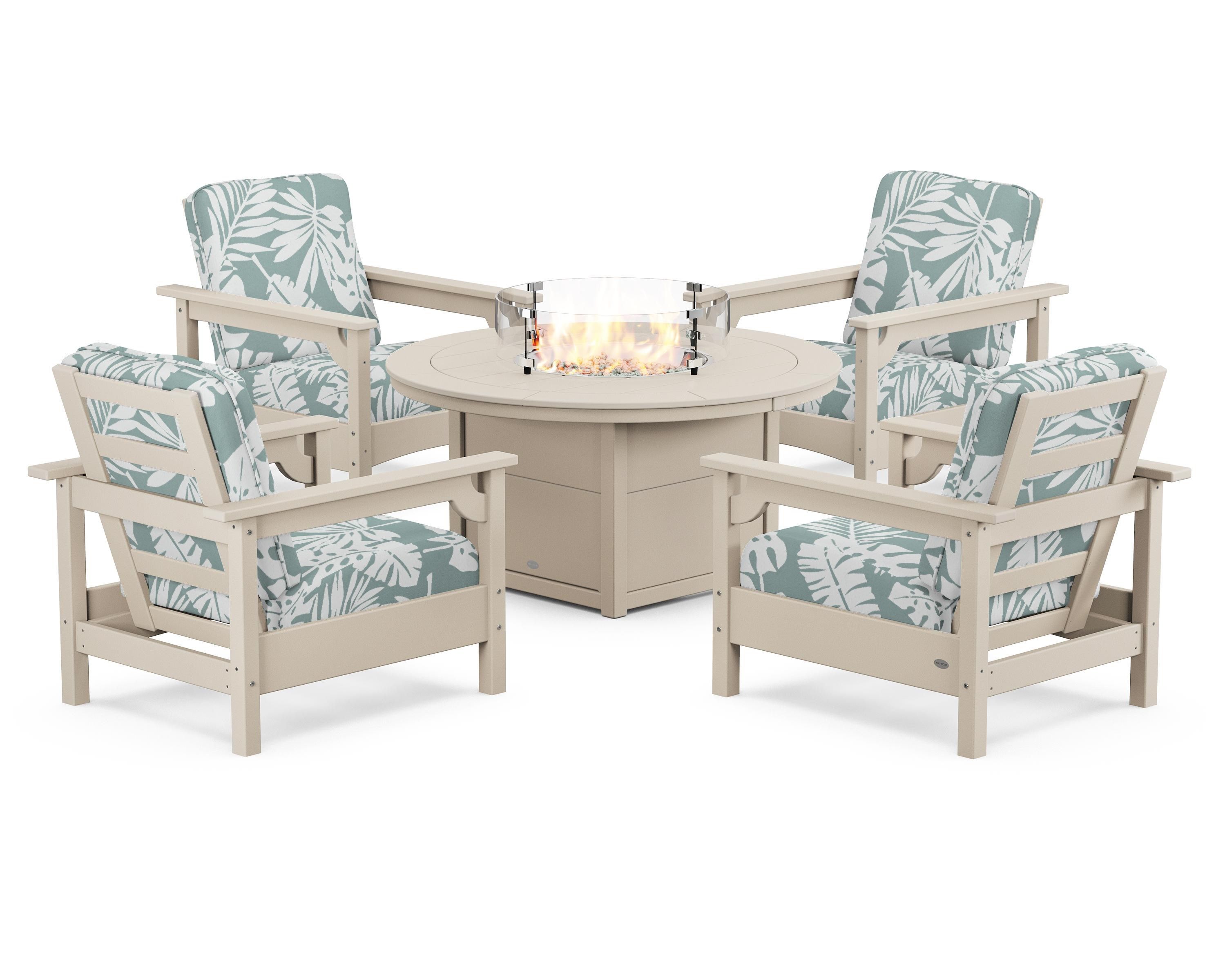 POLYWOOD Club 5-Piece Conversation Set with Fire Pit Table in Sand / Leaf Glacier Spa