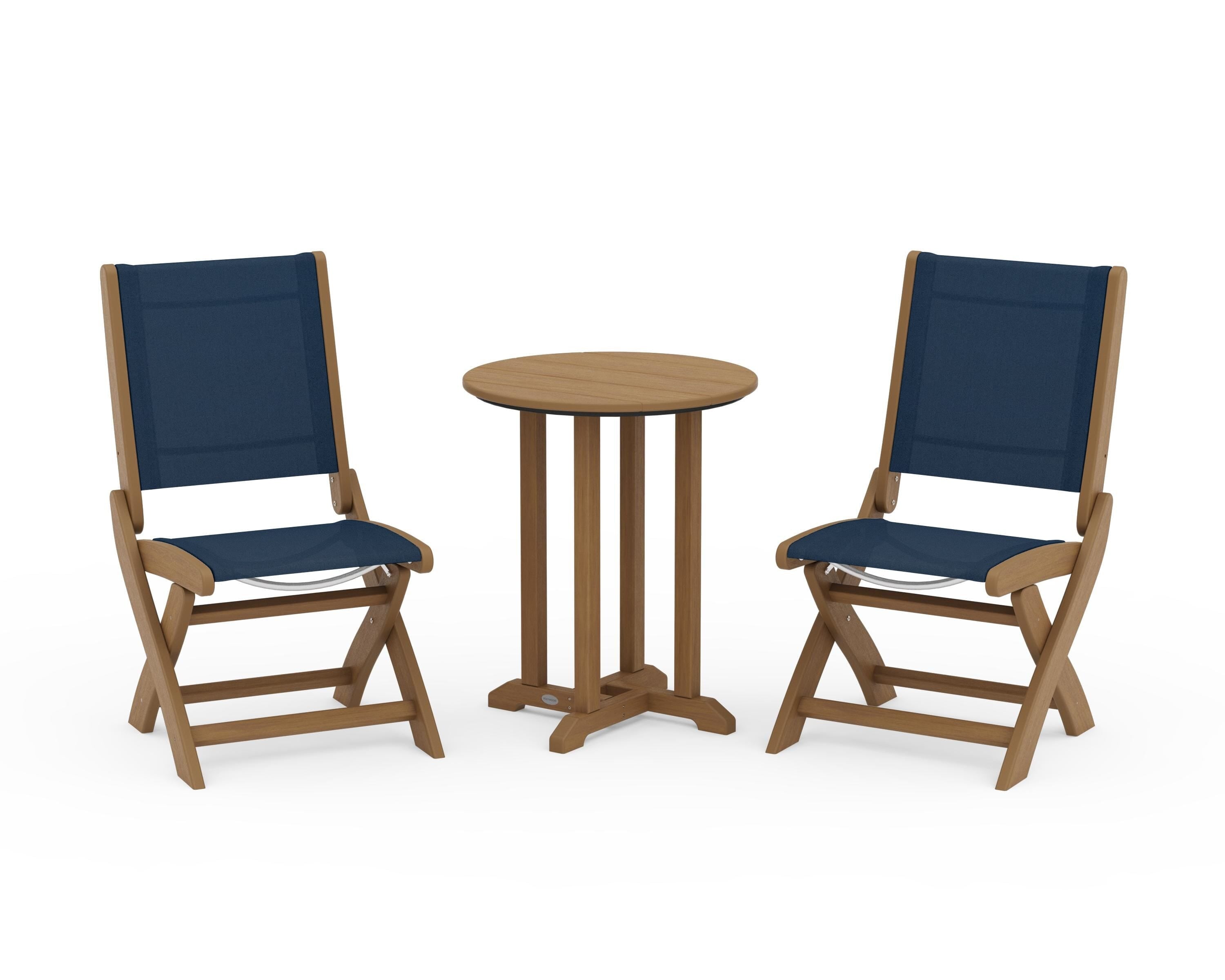 POLYWOOD Coastal Folding Side Chair 3-Piece Round Bistro Dining Set in Natural / Navy Blue Sling