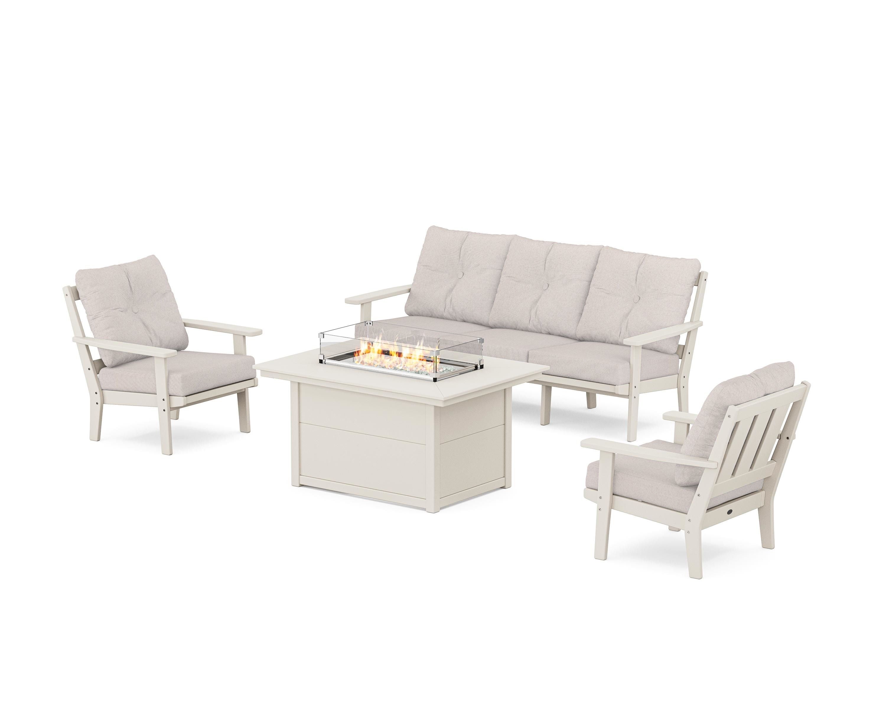 POLYWOOD Oxford Deep Seating Fire Pit Table Set in Sand / Dune Burlap