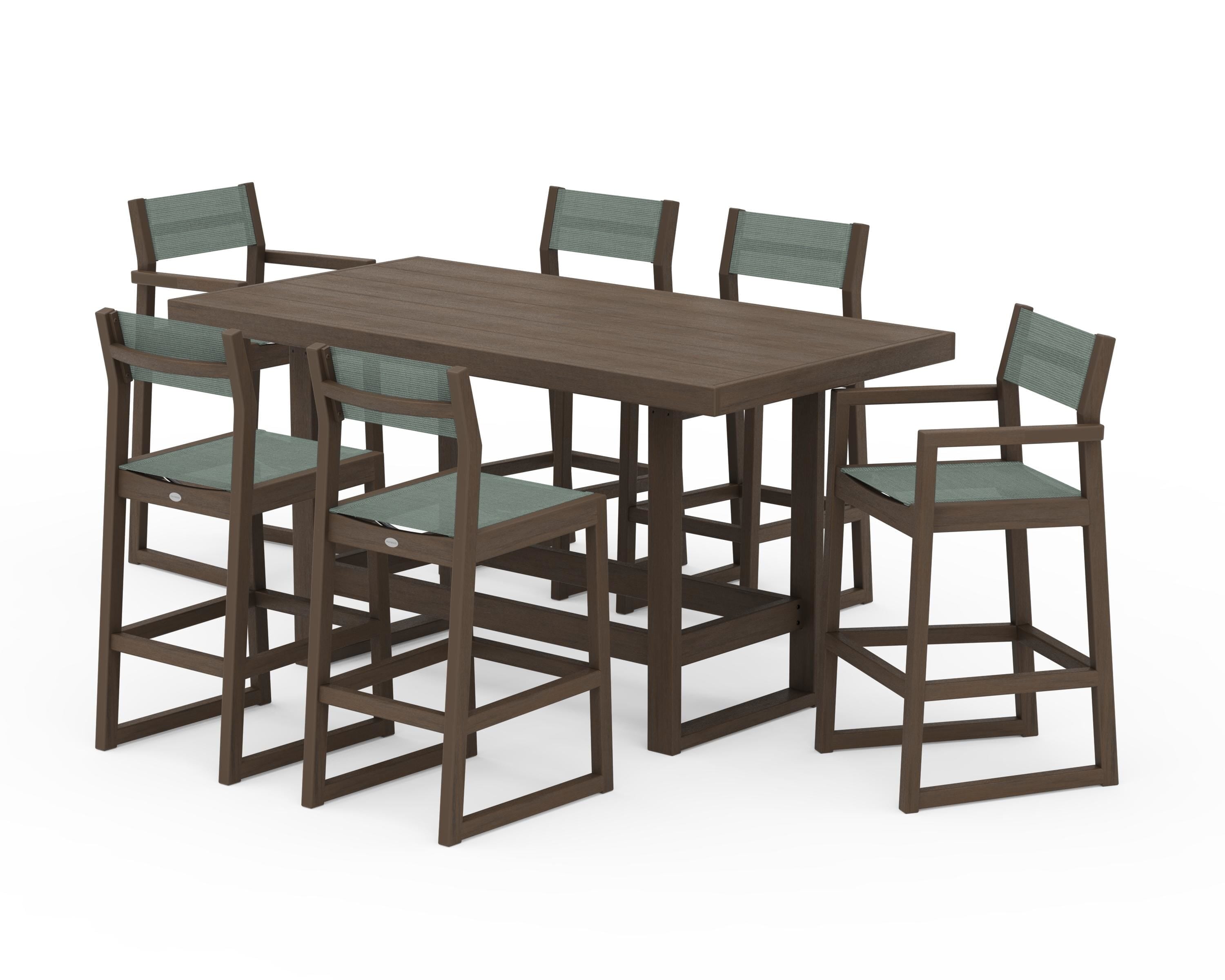 POLYWOOD EDGE Sling 7-Piece Bar Table Set in Kona / Dupioni Sea Mist Sling