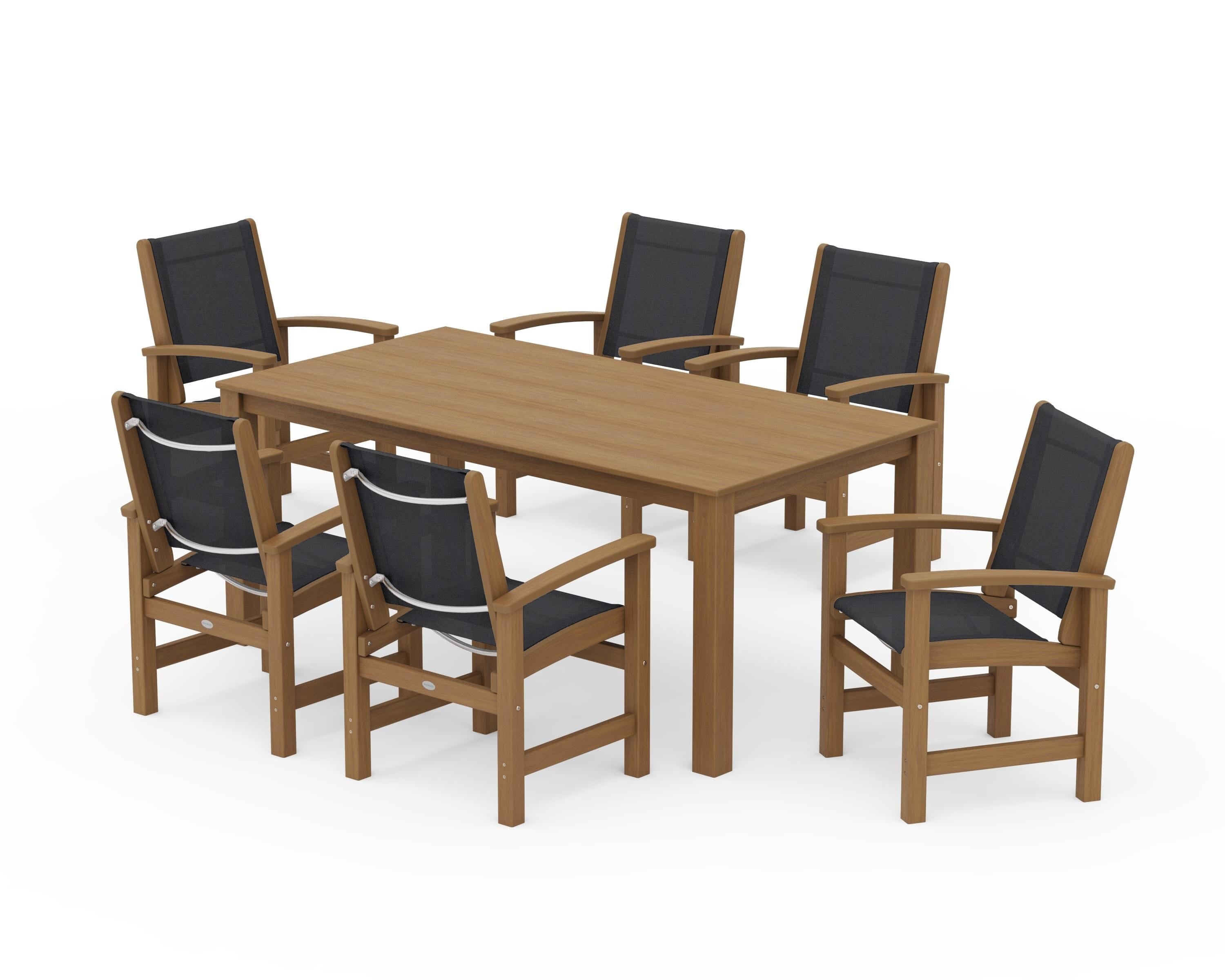 POLYWOOD Coastal 7-Piece Parsons Dining Set in Natural / Black Sling