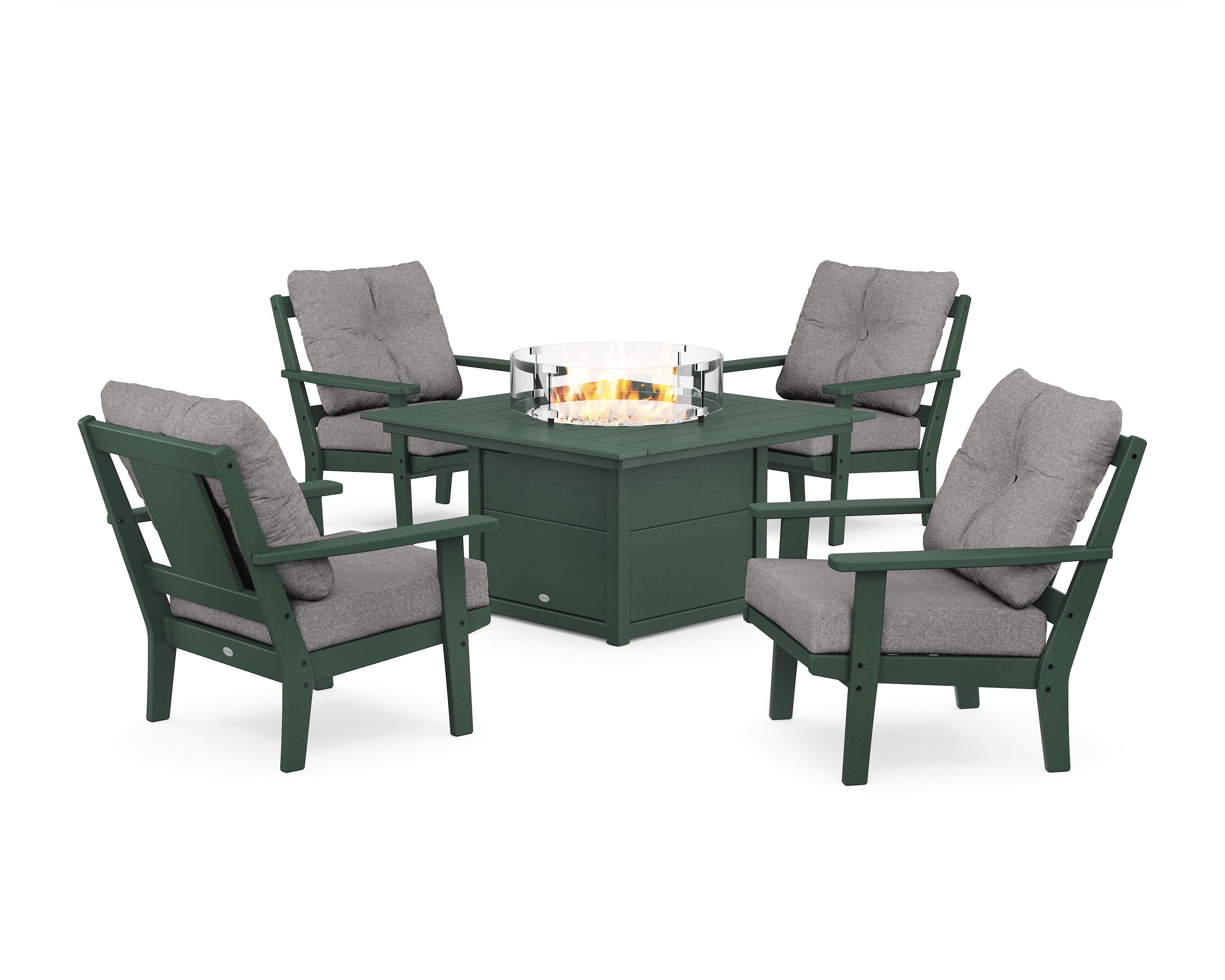 POLYWOOD Prairie 5-Piece Deep Seating Set with Fire Pit Table in Green / Grey Mist