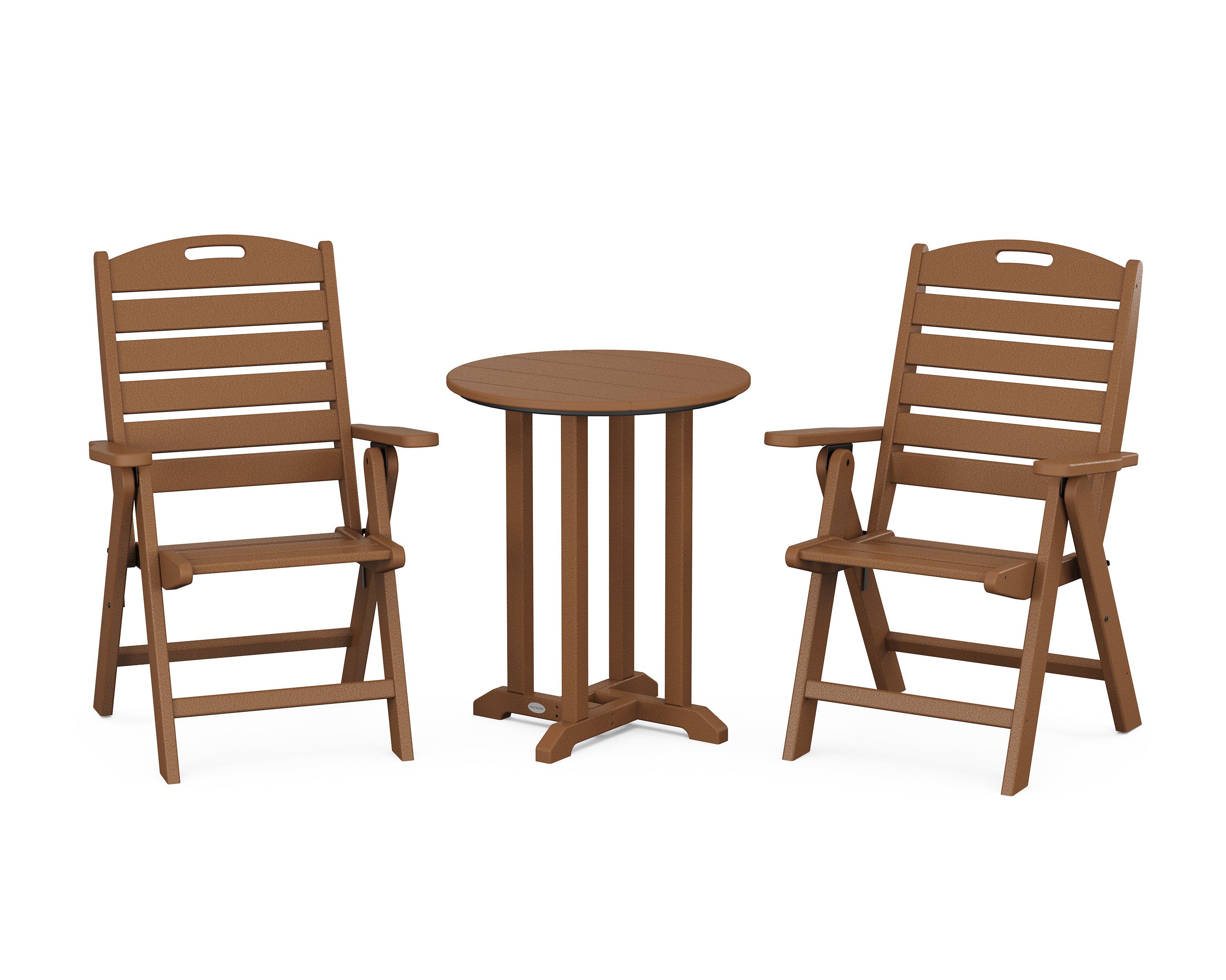 POLYWOOD Nautical Folding Highback Chair 3-Piece Round Bistro Dining Set in Teak