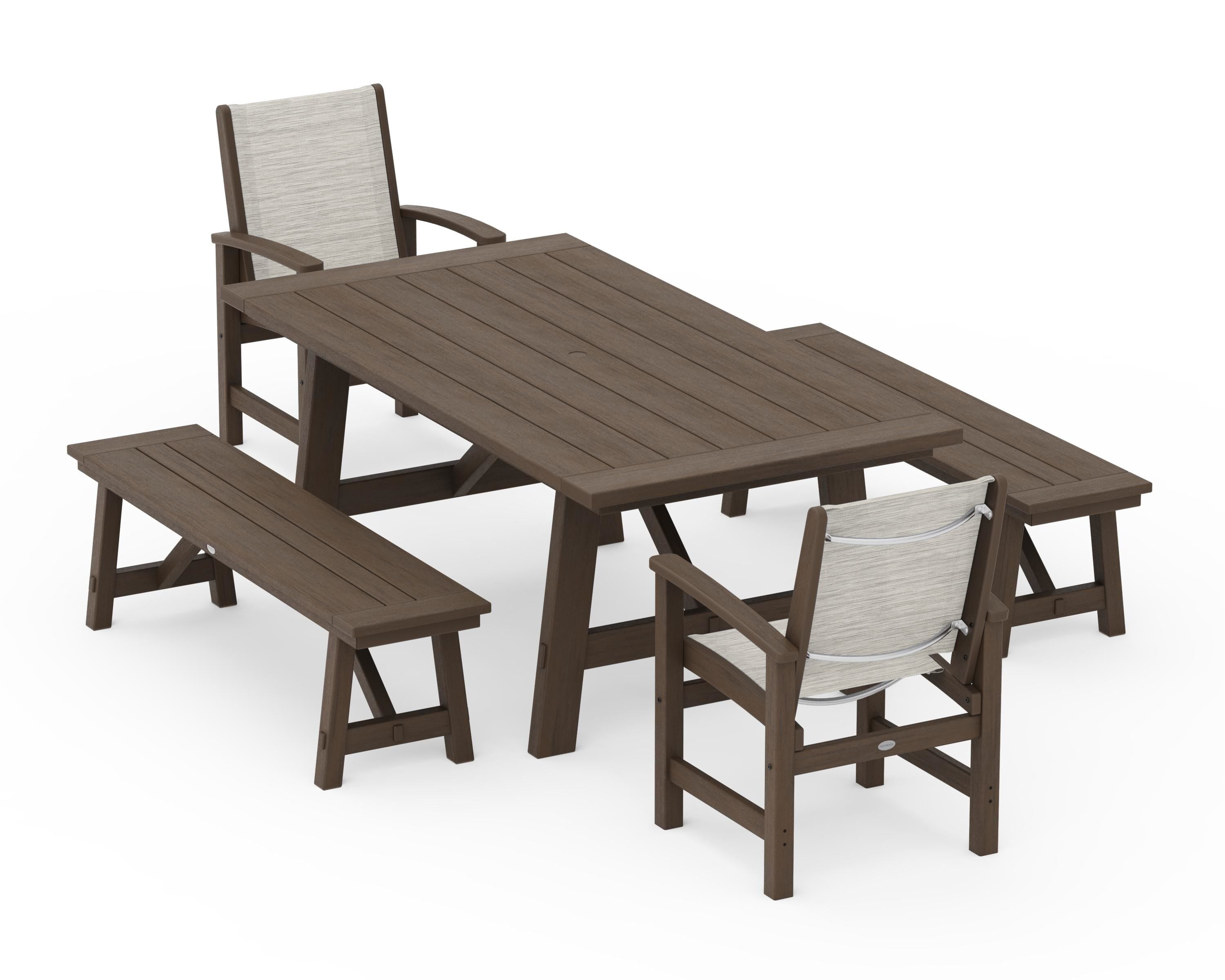 POLYWOOD Coastal 5-Piece Rustic Farmhouse Dining Set With Benches in Kona / Birch Sling