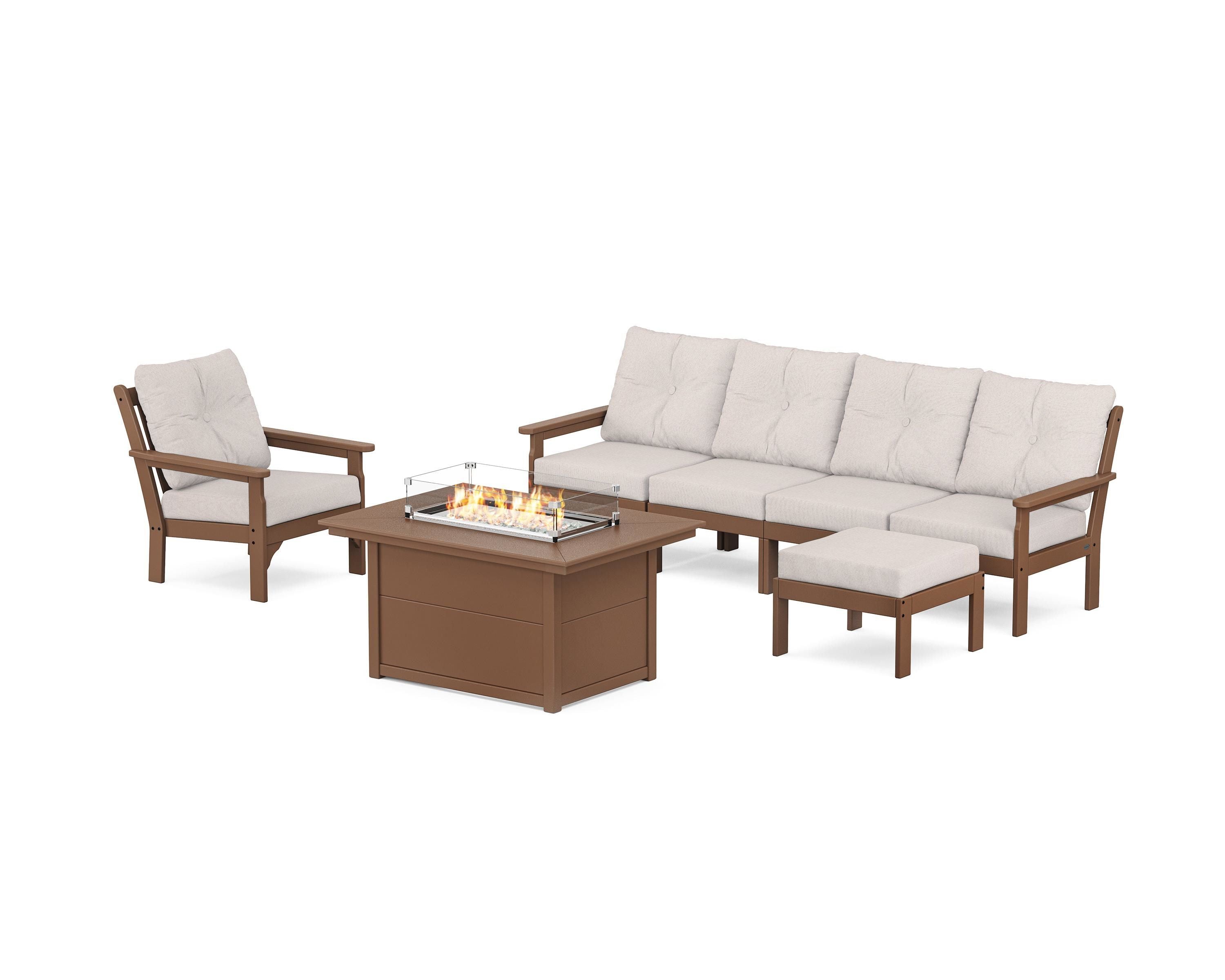 POLYWOOD Vineyard Sectional Lounge and Fire Pit Set in Teak / Dune Burlap