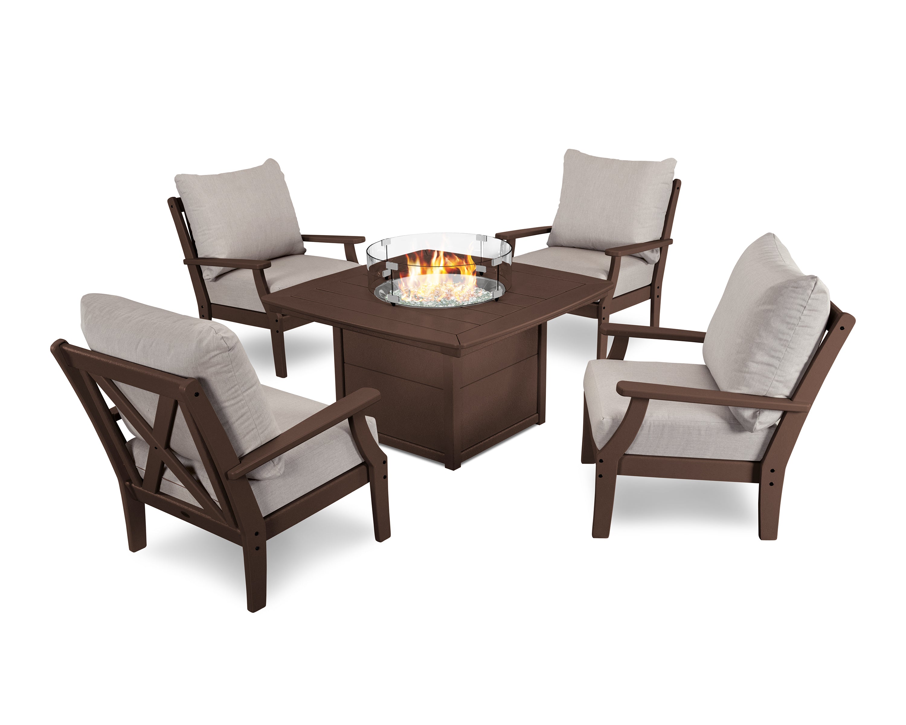 POLYWOOD Braxton 5-Piece Deep Seating Conversation Set with Fire Pit Table in Mahogany / Cast Ash