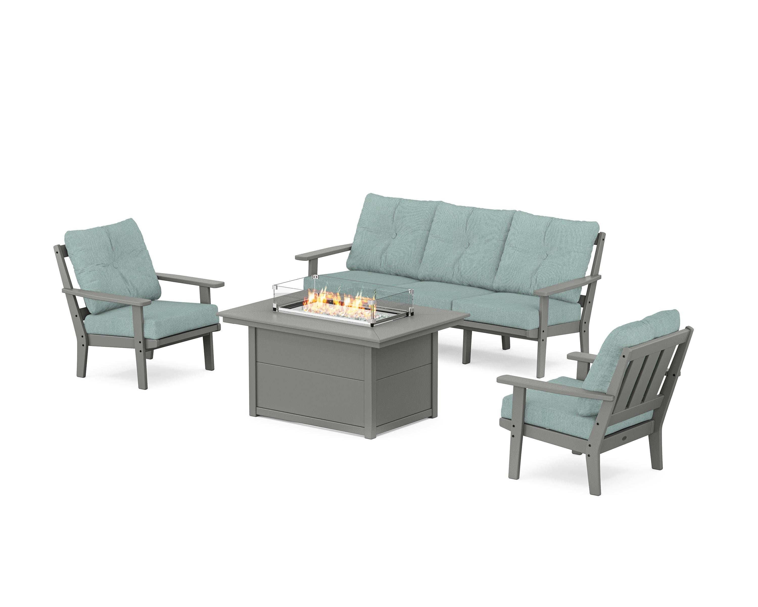 POLYWOOD Oxford Deep Seating Fire Pit Table Set in Slate Grey / Glacier Spa
