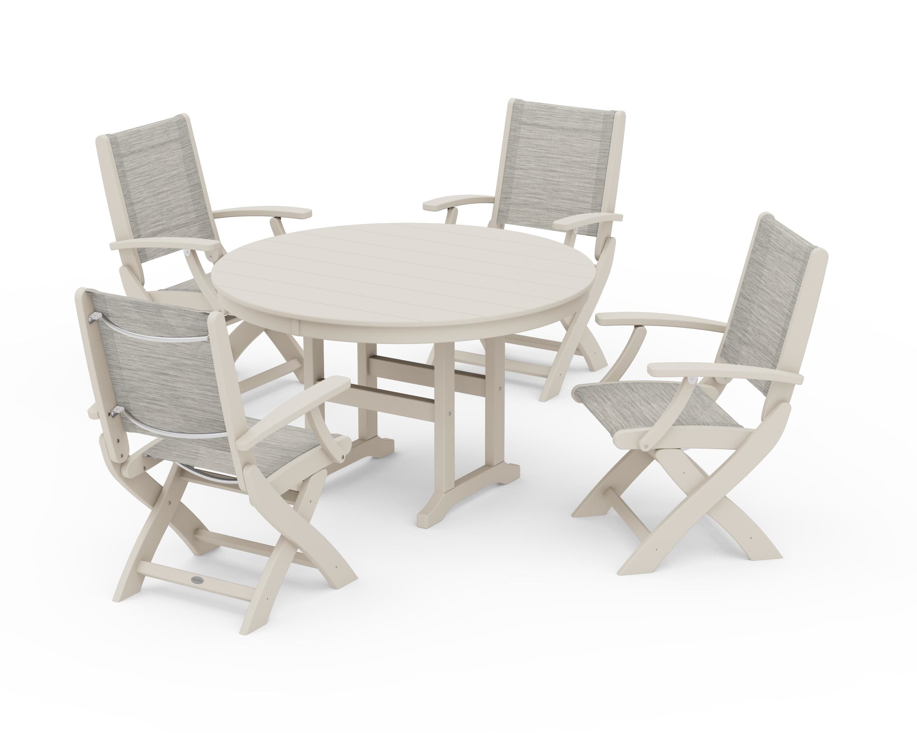 POLYWOOD Coastal Folding Chair 5-Piece Round Dining Set in Sand / Birch Sling