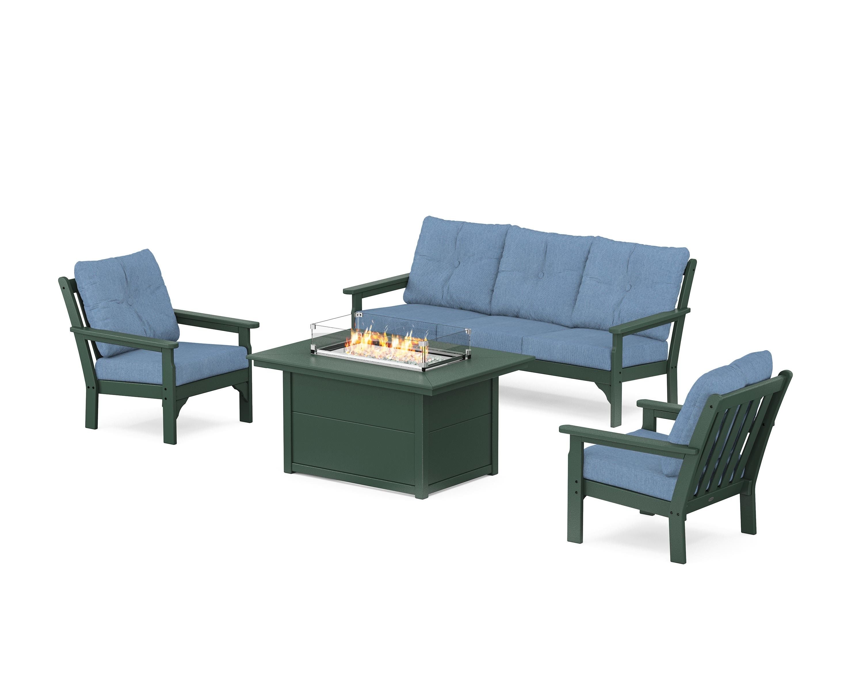 POLYWOOD Vineyard Deep Seating Fire Pit Table Set in Green / Sky Blue