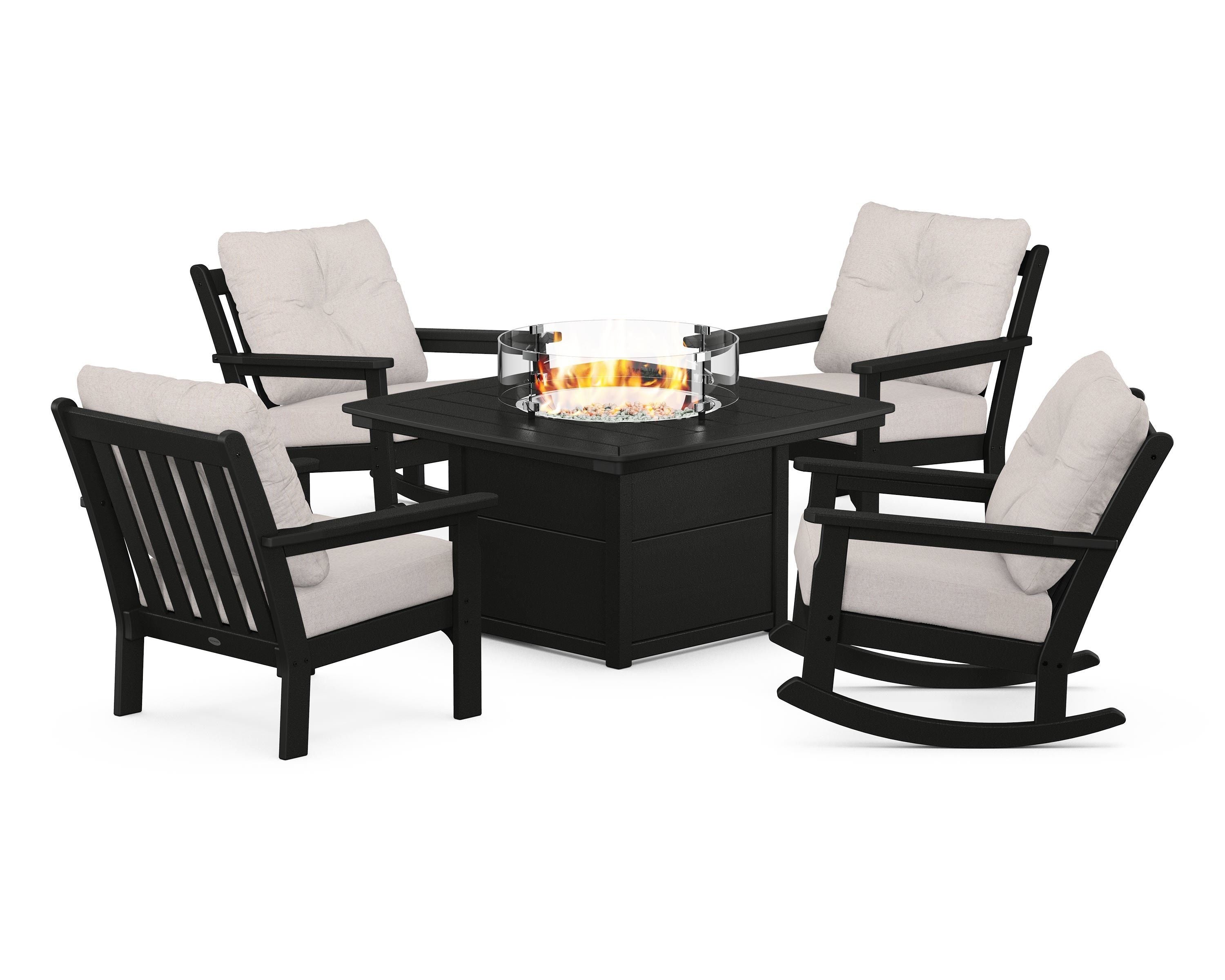 POLYWOOD Vineyard 5-Piece Deep Seating Rocking Chair Conversation Set with Fire Pit Table in Black / Dune Burlap