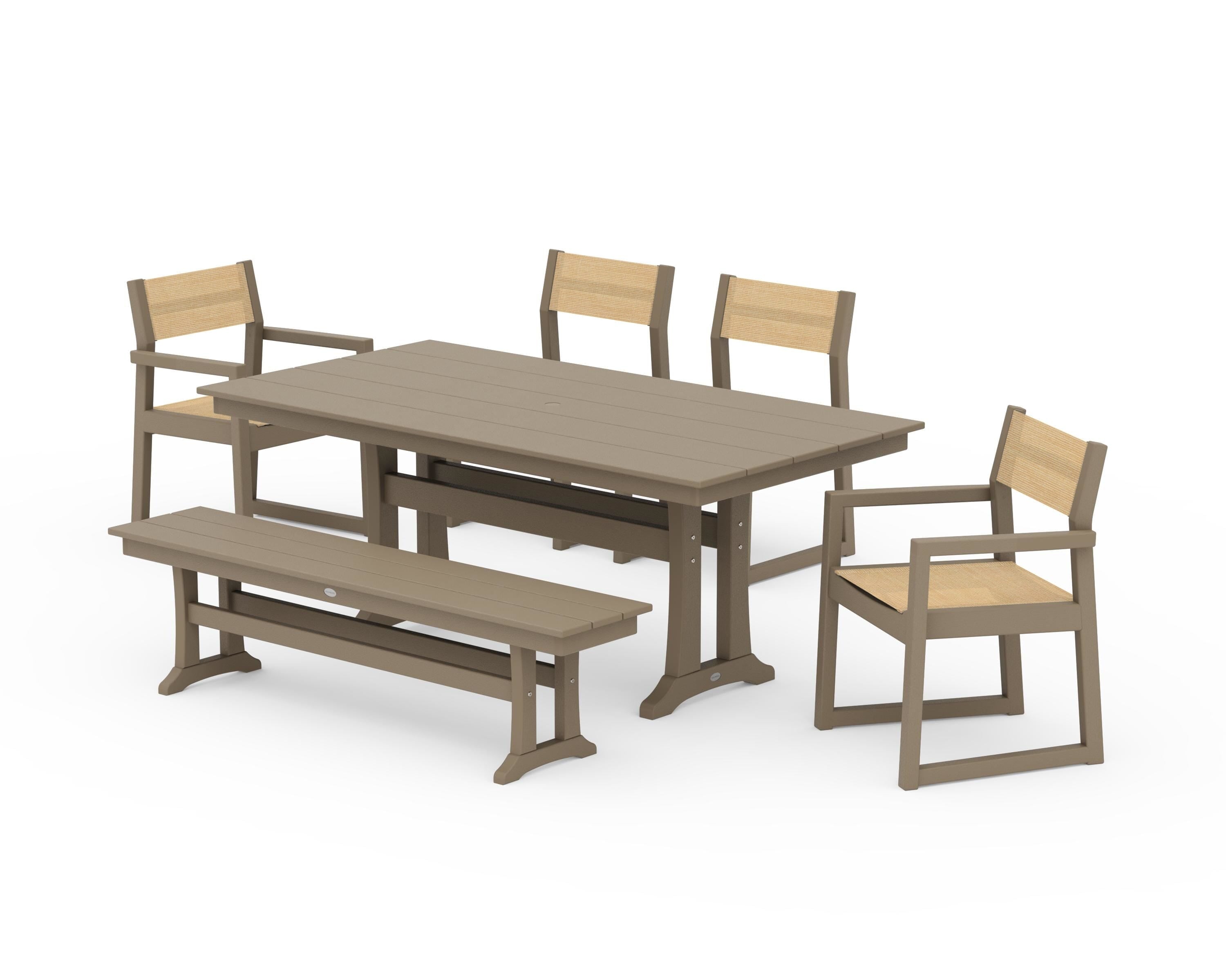 POLYWOOD EDGE Sling 6-Piece Farmhouse Dining Set With Trestle Legs in Vintage Sahara / Dupioni Apricot Sling