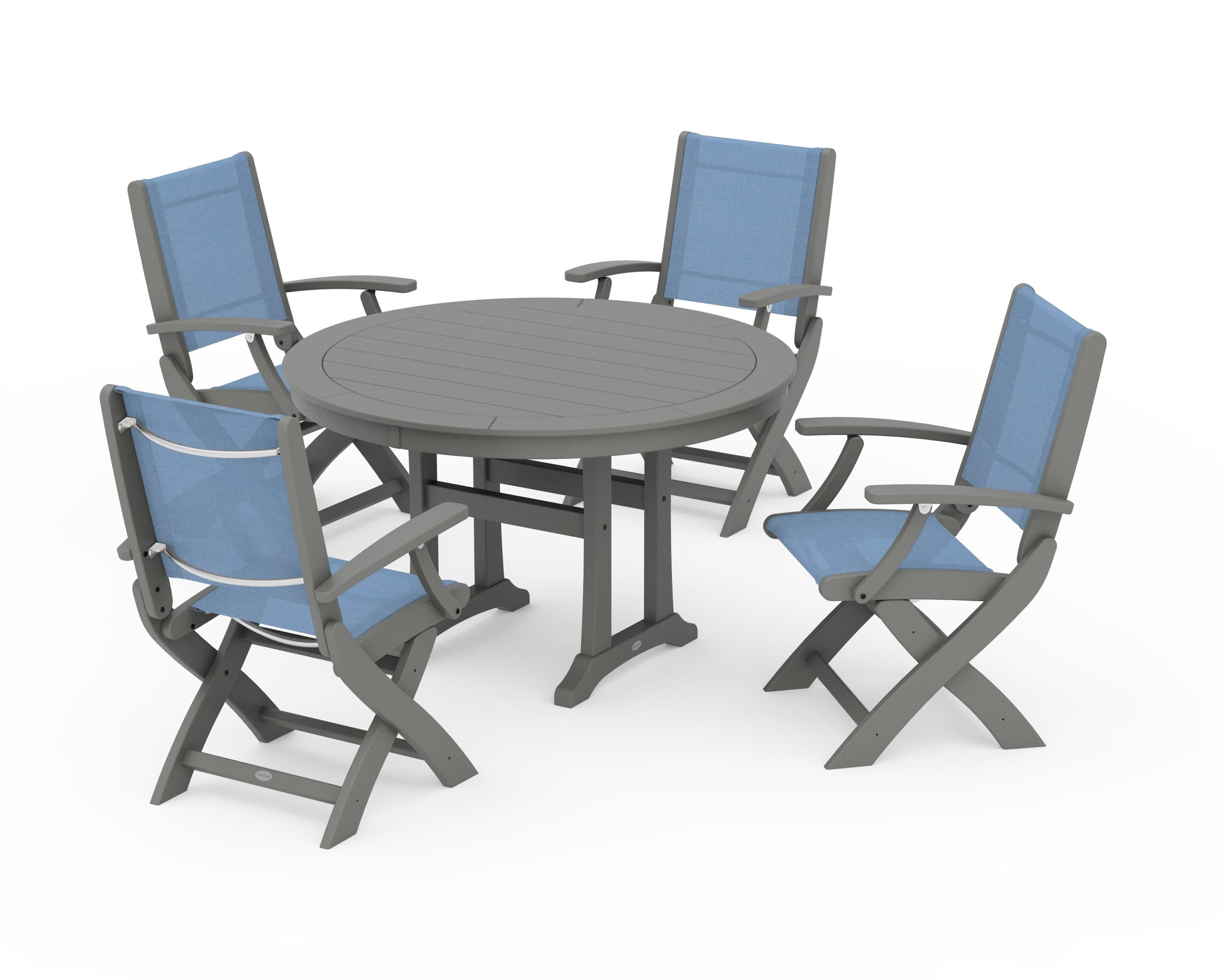 POLYWOOD Coastal Folding Chair 5-Piece Round Dining Set with Trestle Legs in Slate Grey / Poolside Sling