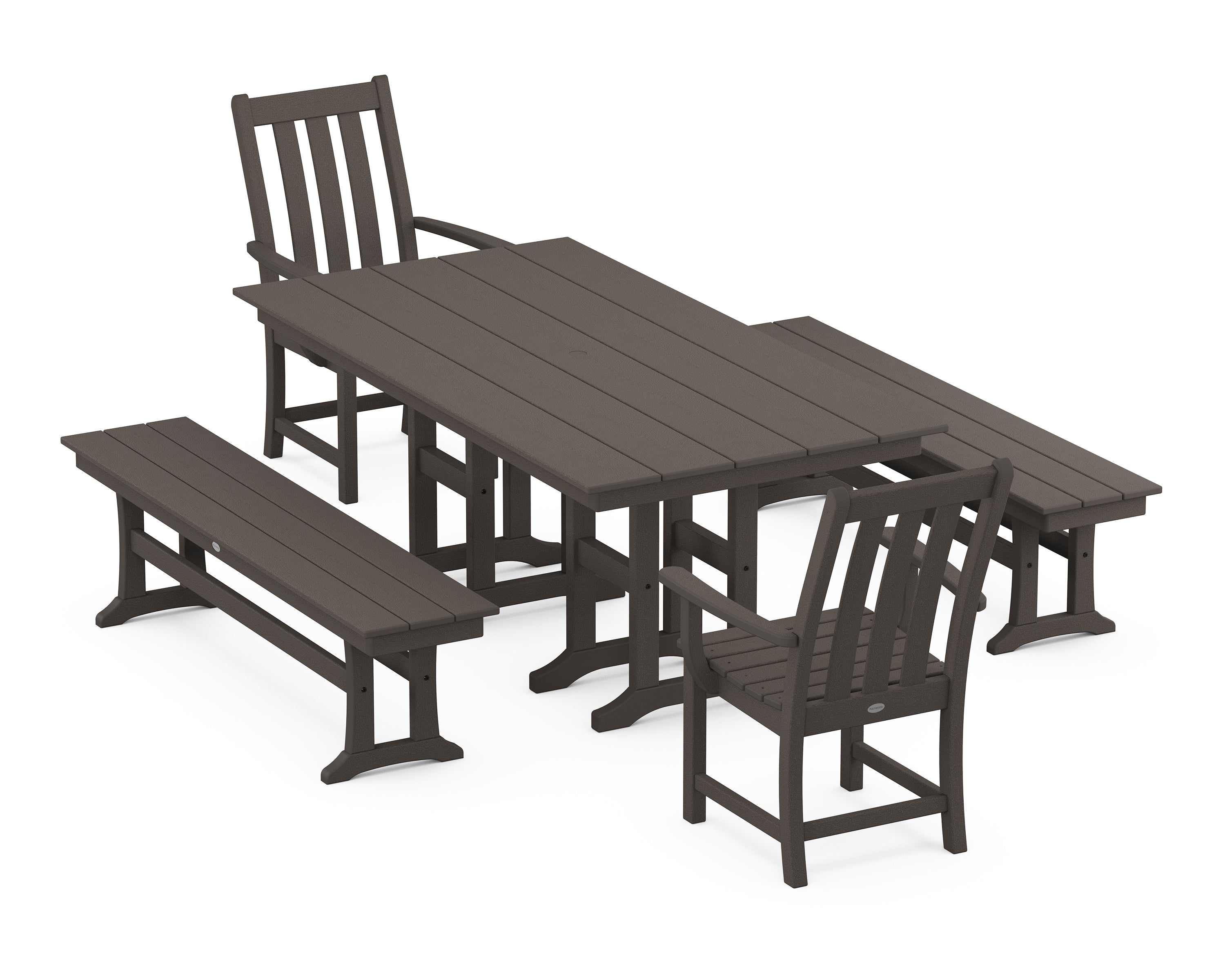 POLYWOOD® Vineyard 5-Piece Farmhouse Dining Set with Benches in Vintage Coffee