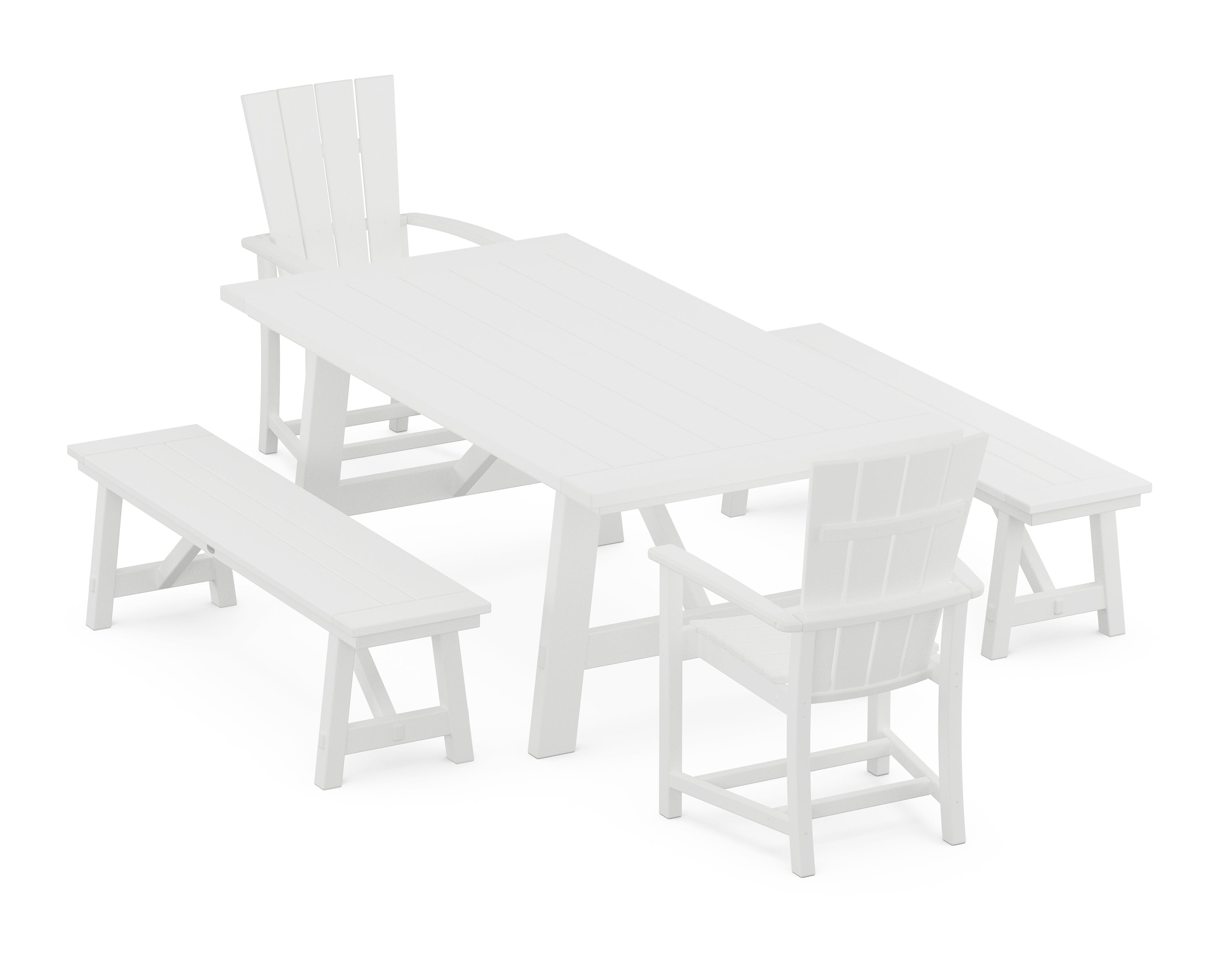 POLYWOOD® Quattro 5-Piece Rustic Farmhouse Dining Set With Benches in White