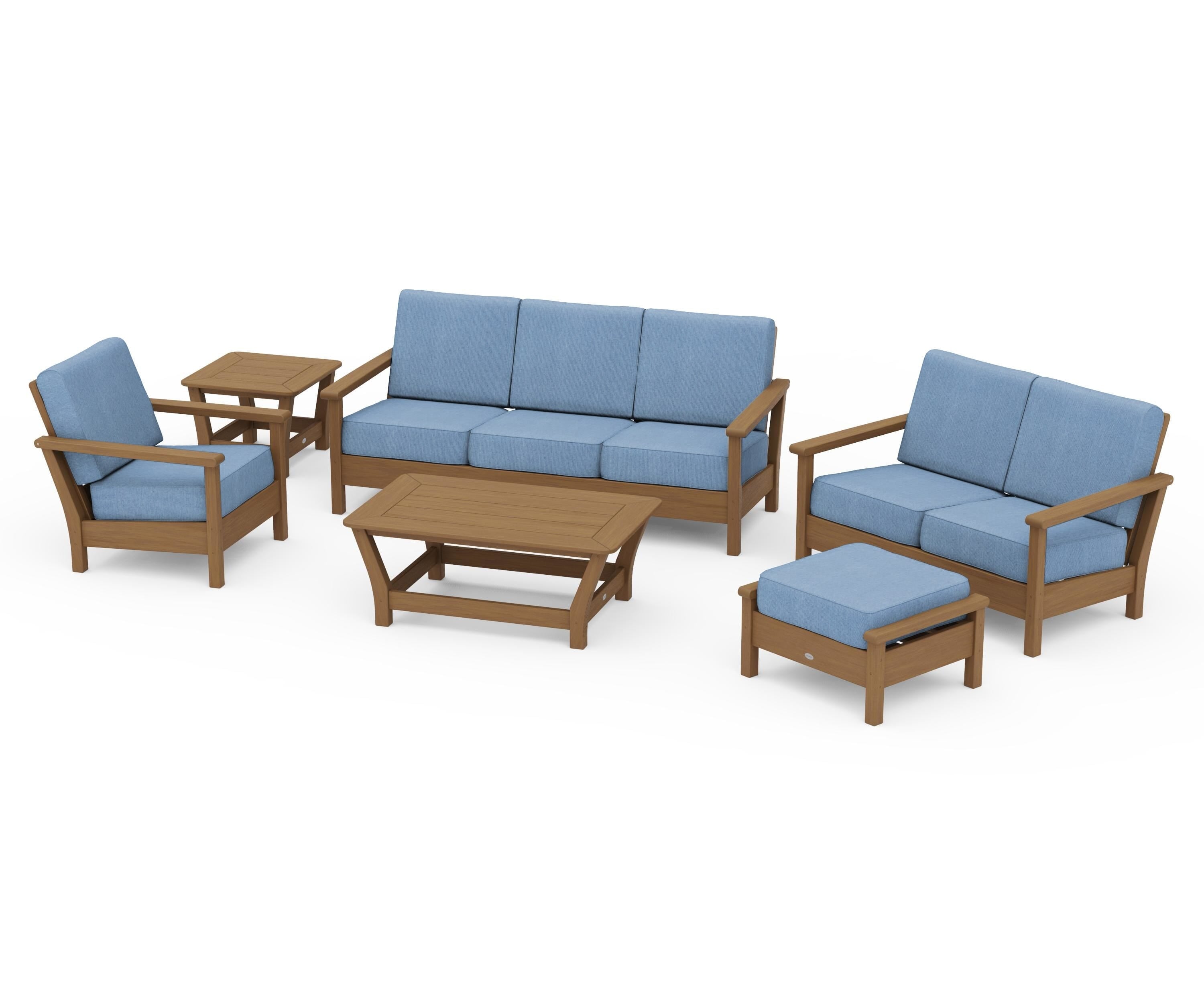 POLYWOOD Harbour 6-Piece Outdoor Living Set in Natural / Sky Blue