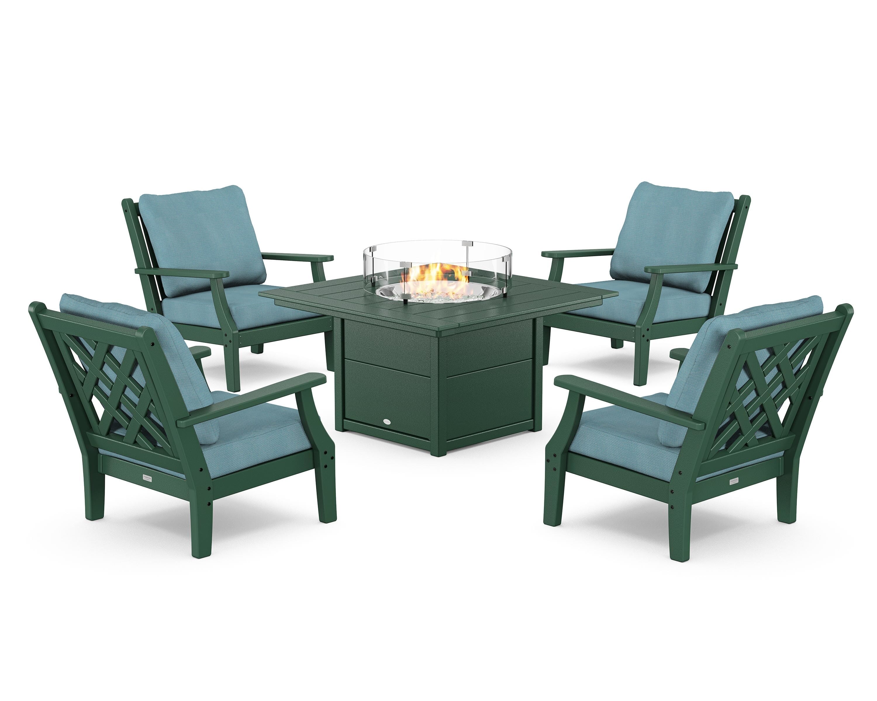 Country Living Wovendale 5-Piece Deep Seating Set with Fire Pit Table in Green / Lattice Sky Blue