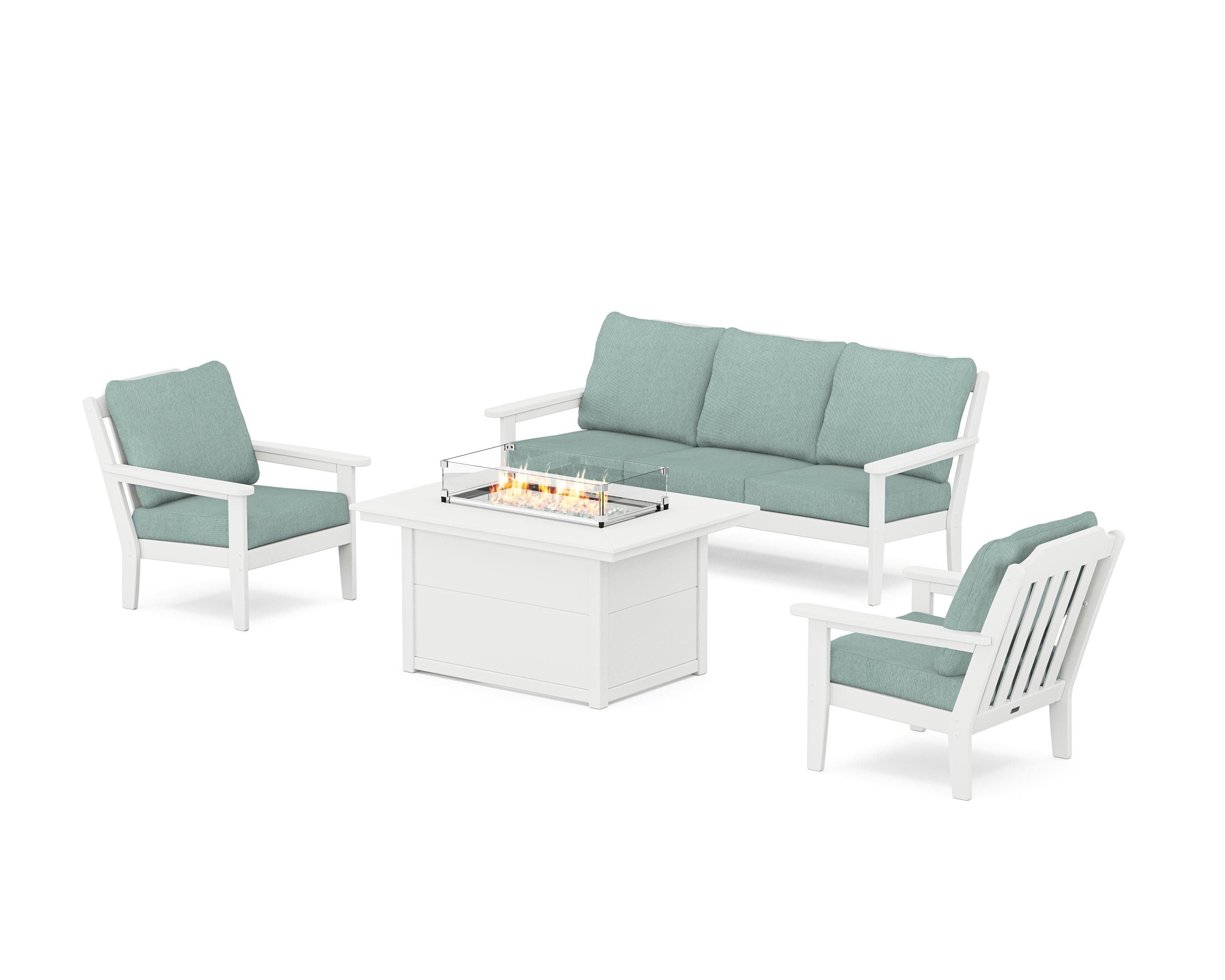 Country Living Cottage Deep Seating Fire Pit Table Set in White / Glacier Spa