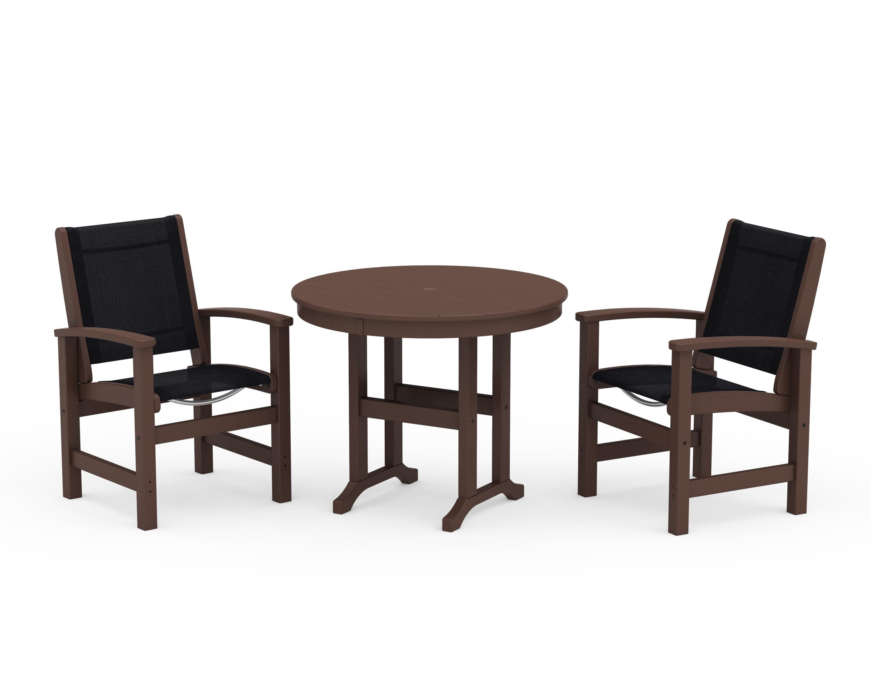 POLYWOOD Coastal 3-Piece Round Dining Set in Mahogany / Black Sling