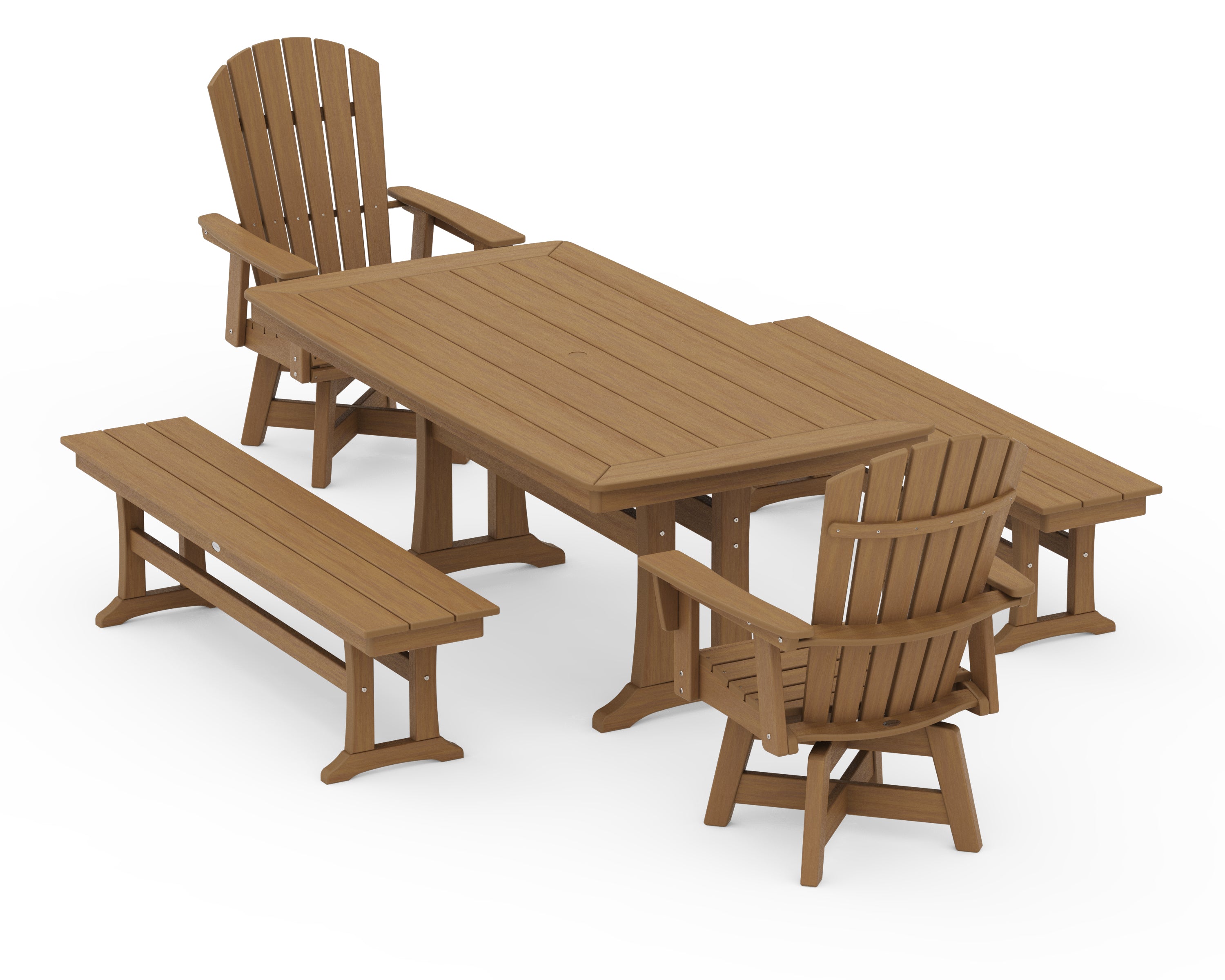 POLYWOOD Nautical Curveback Adirondack Swivel Chair 5-Piece Dining Set with Trestle Legs and Benches in Natural
