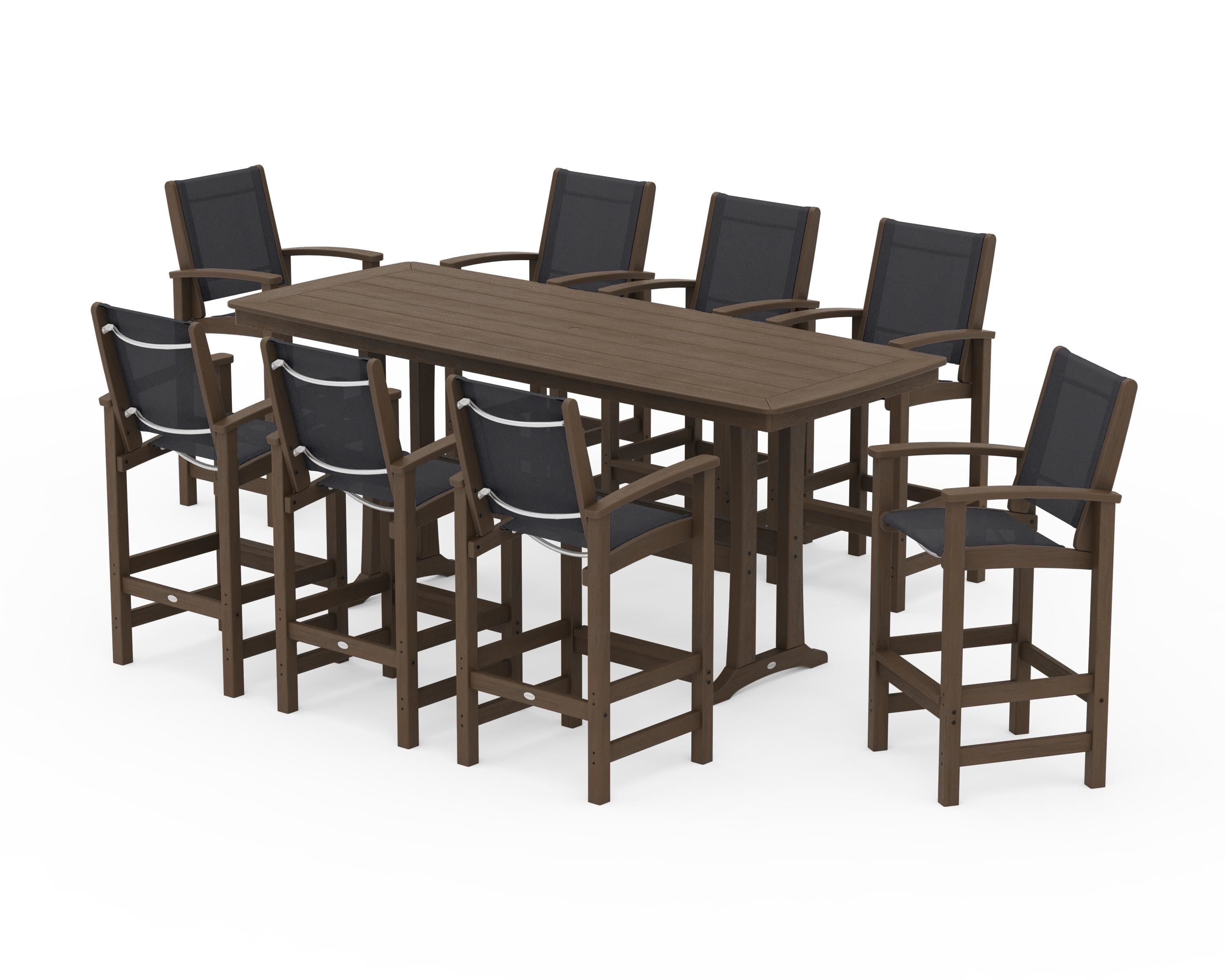 POLYWOOD Coastal 9-Piece Bar Set with Trestle Legs in Kona / Black Sling