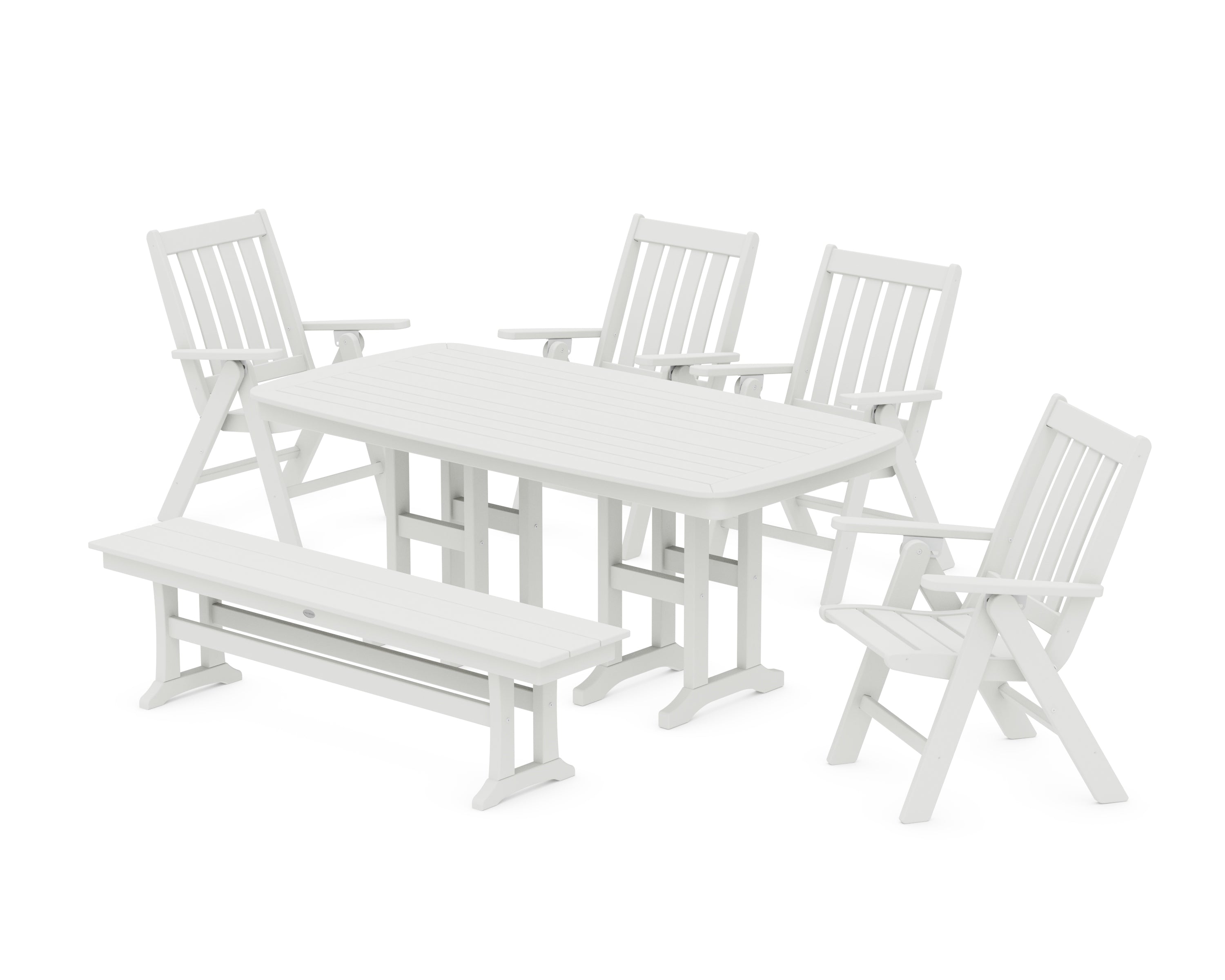 POLYWOOD Vineyard Folding Chair 6-Piece Dining Set with Bench in Vintage White