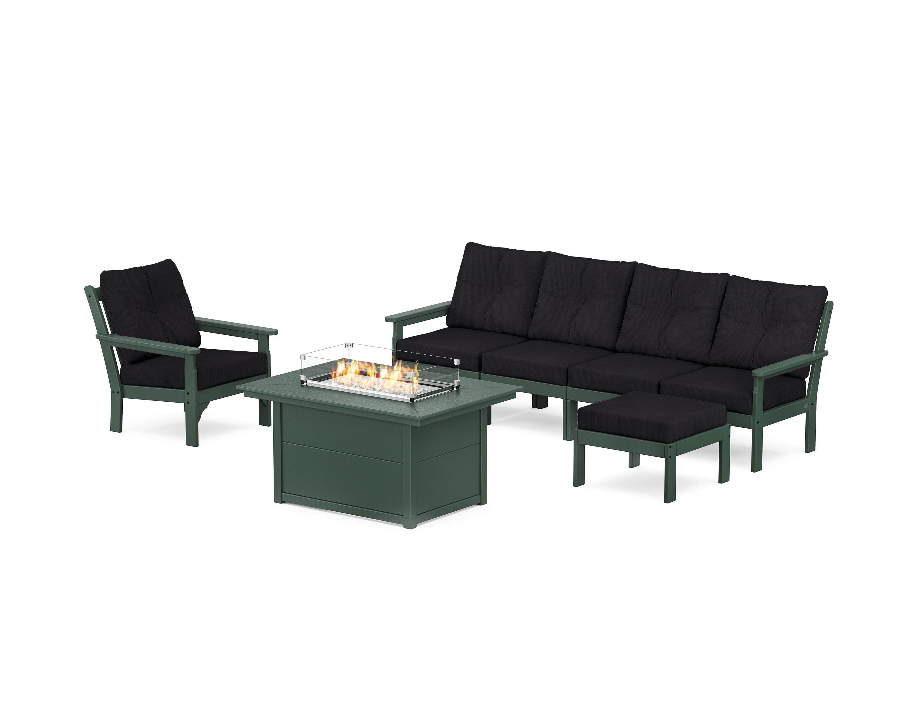 POLYWOOD Vineyard Sectional Lounge and Fire Pit Set in Green / Midnight Linen