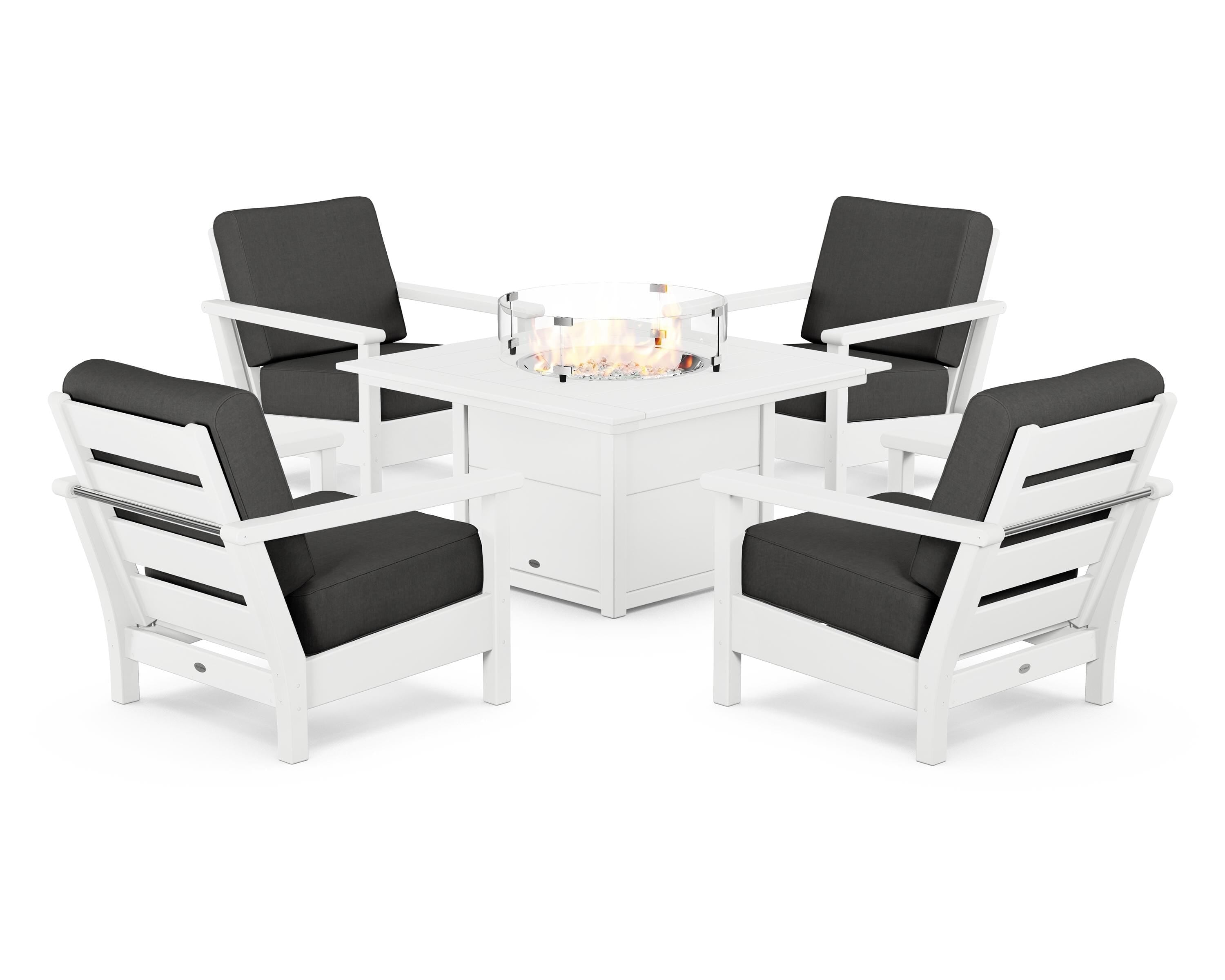 POLYWOOD Harbour 5-Piece Conversation Set with Fire Pit Table in White / Spectrum Carbon