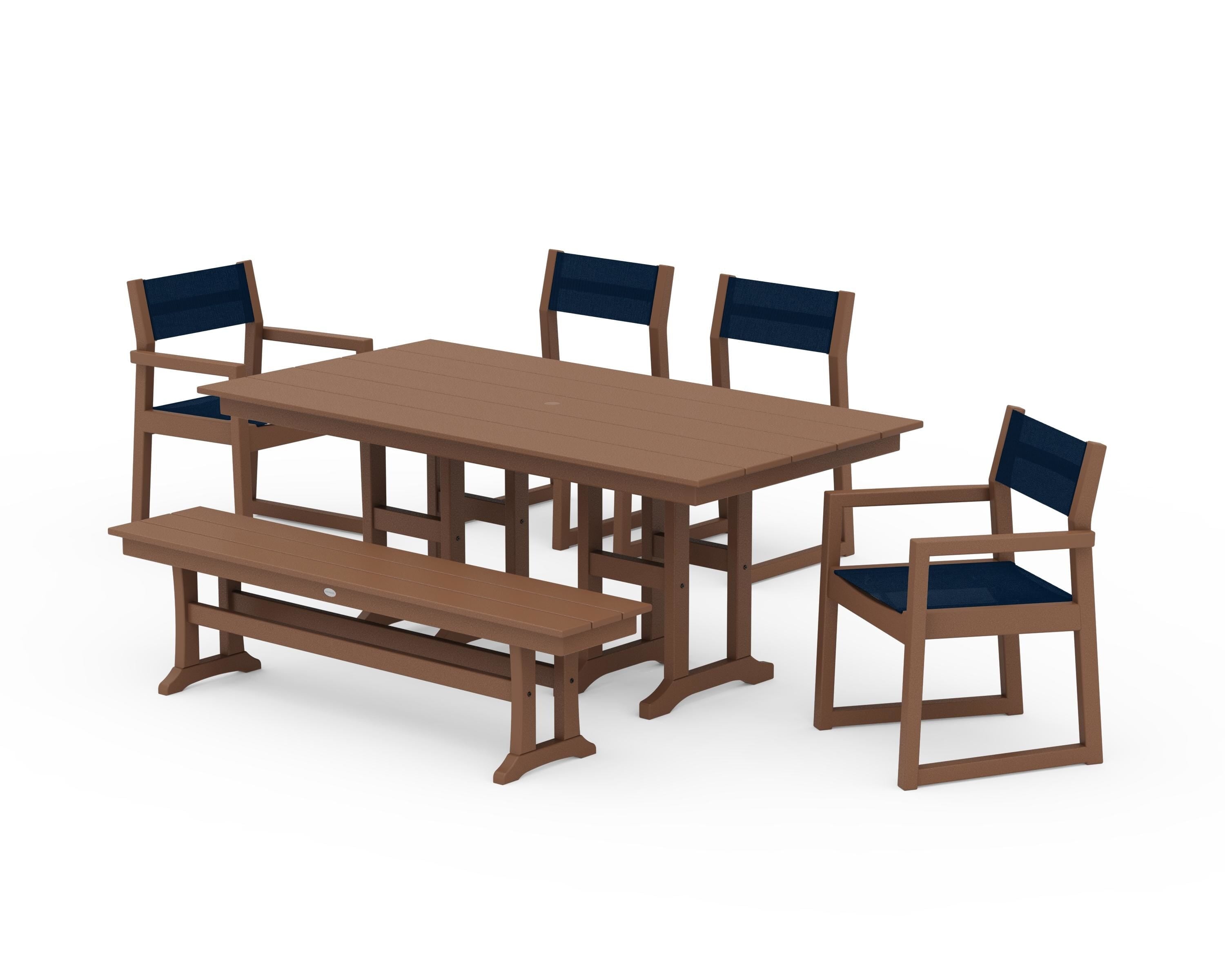 POLYWOOD EDGE Sling 6-Piece Farmhouse Dining Set in Teak / Navy Blue Sling