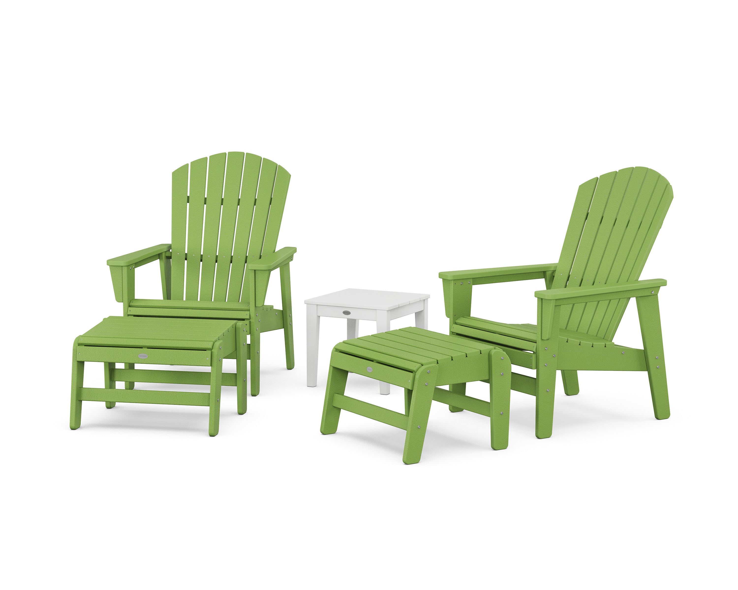 POLYWOOD® 5-Piece Nautical Grand Upright Adirondack Set with Ottomans and Side Table in Lime / White