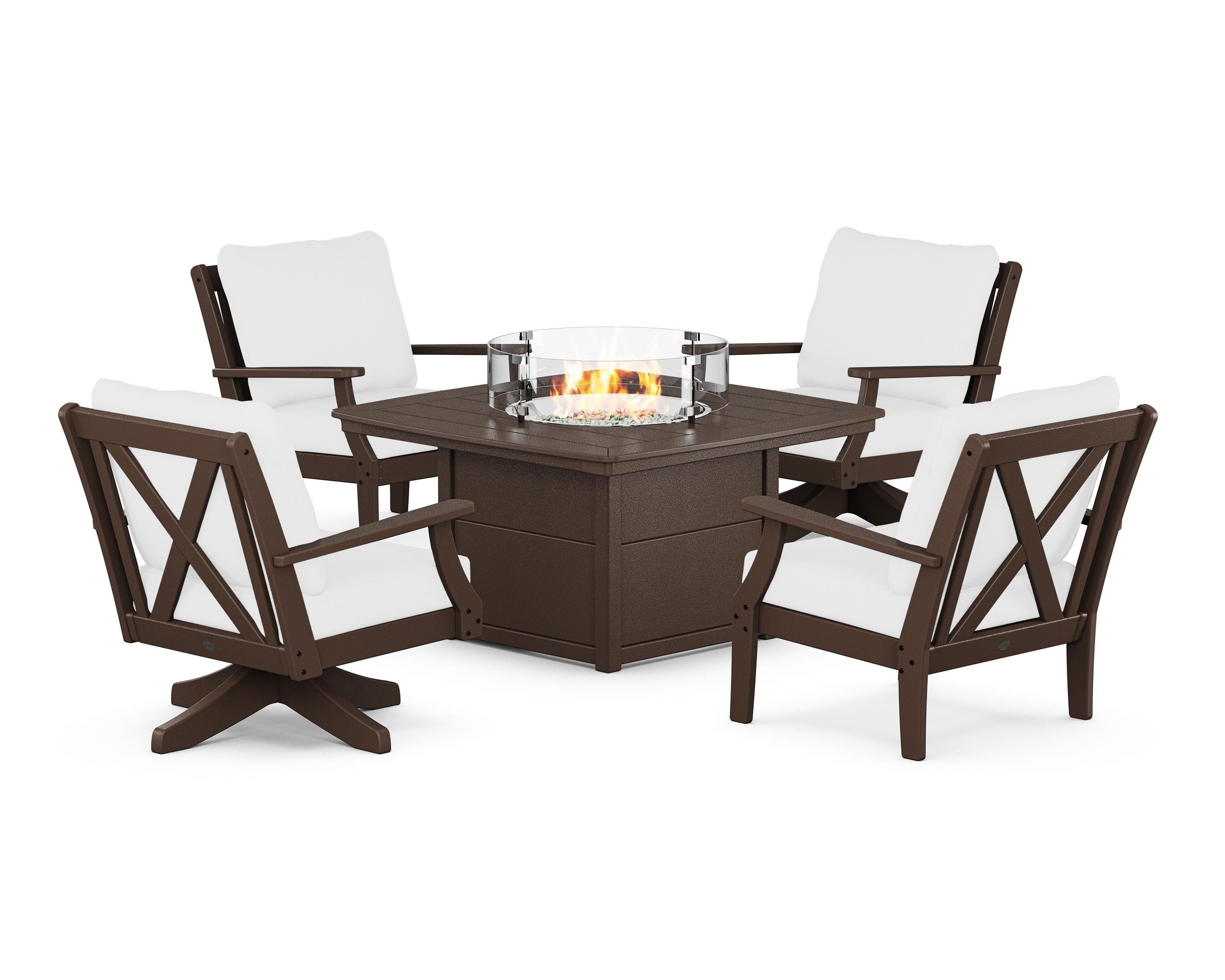 POLYWOOD Braxton 5-Piece Deep Seating Set with Fire Table in Mahogany / Natural