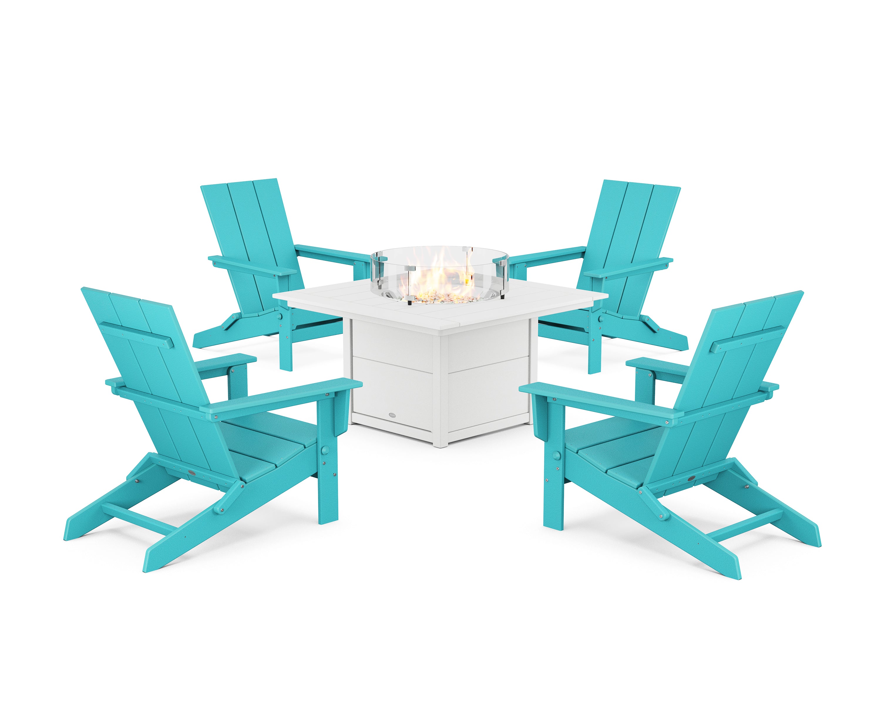 POLYWOOD® 5-Piece Modern Studio Folding Adirondack Conversation Set with Fire Pit Table in Aruba / White
