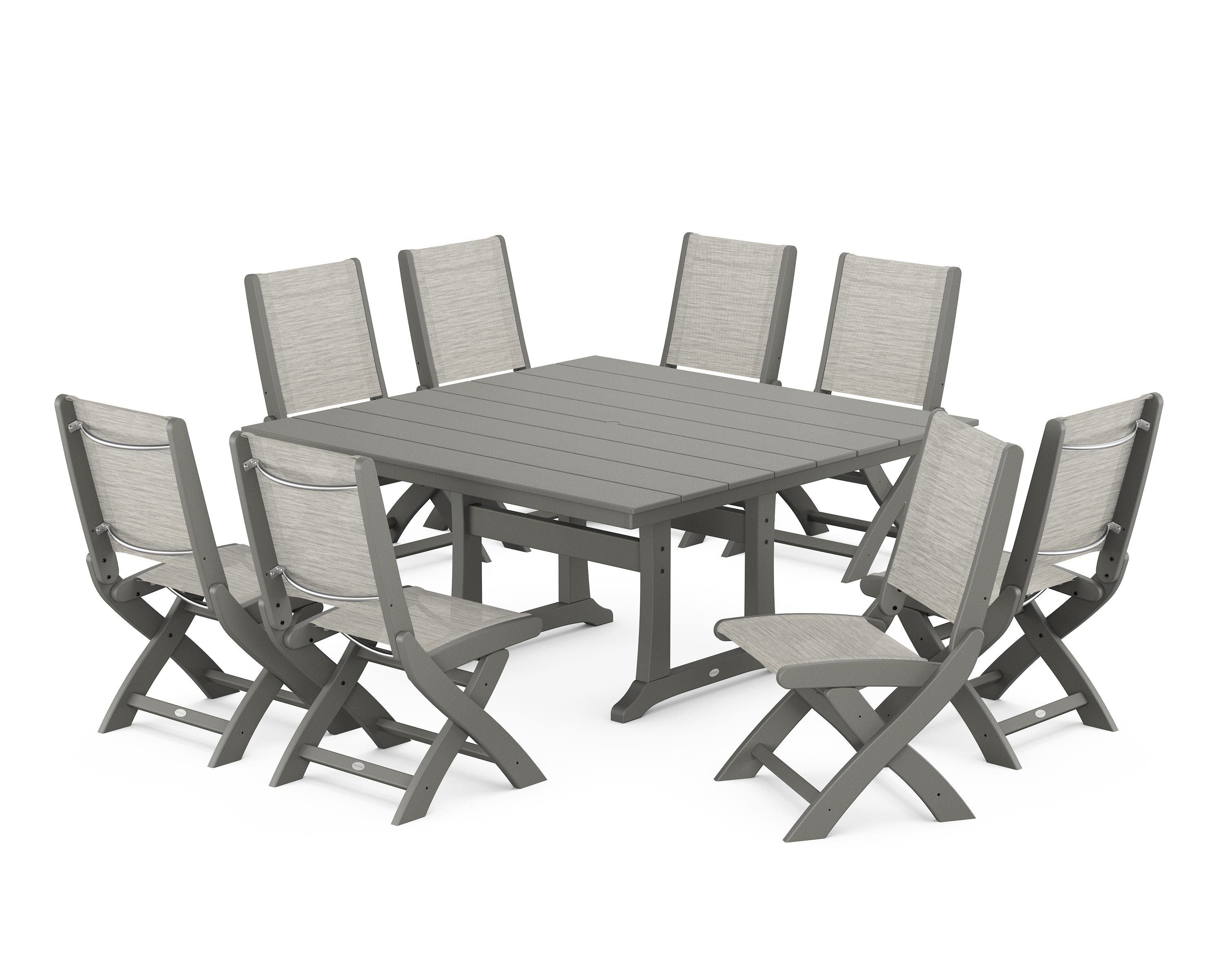 POLYWOOD Coastal Folding Side Chair 9-Piece Farmhouse Dining Set in Slate Grey / Birch Sling