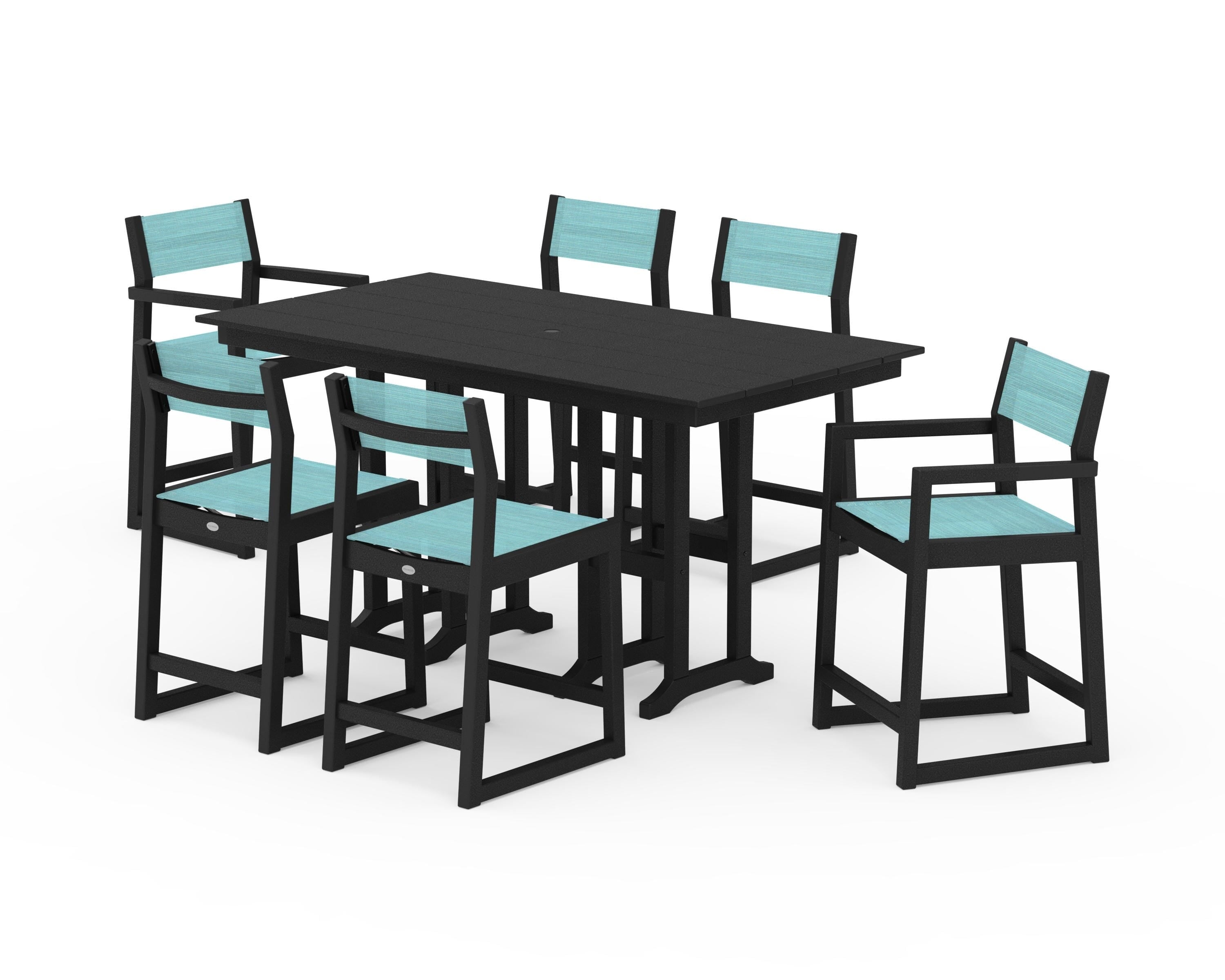 POLYWOOD EDGE Sling 7-Piece Farmhouse Counter Set with Trestle Legs in Black / Dupioni Aquamarine Sling