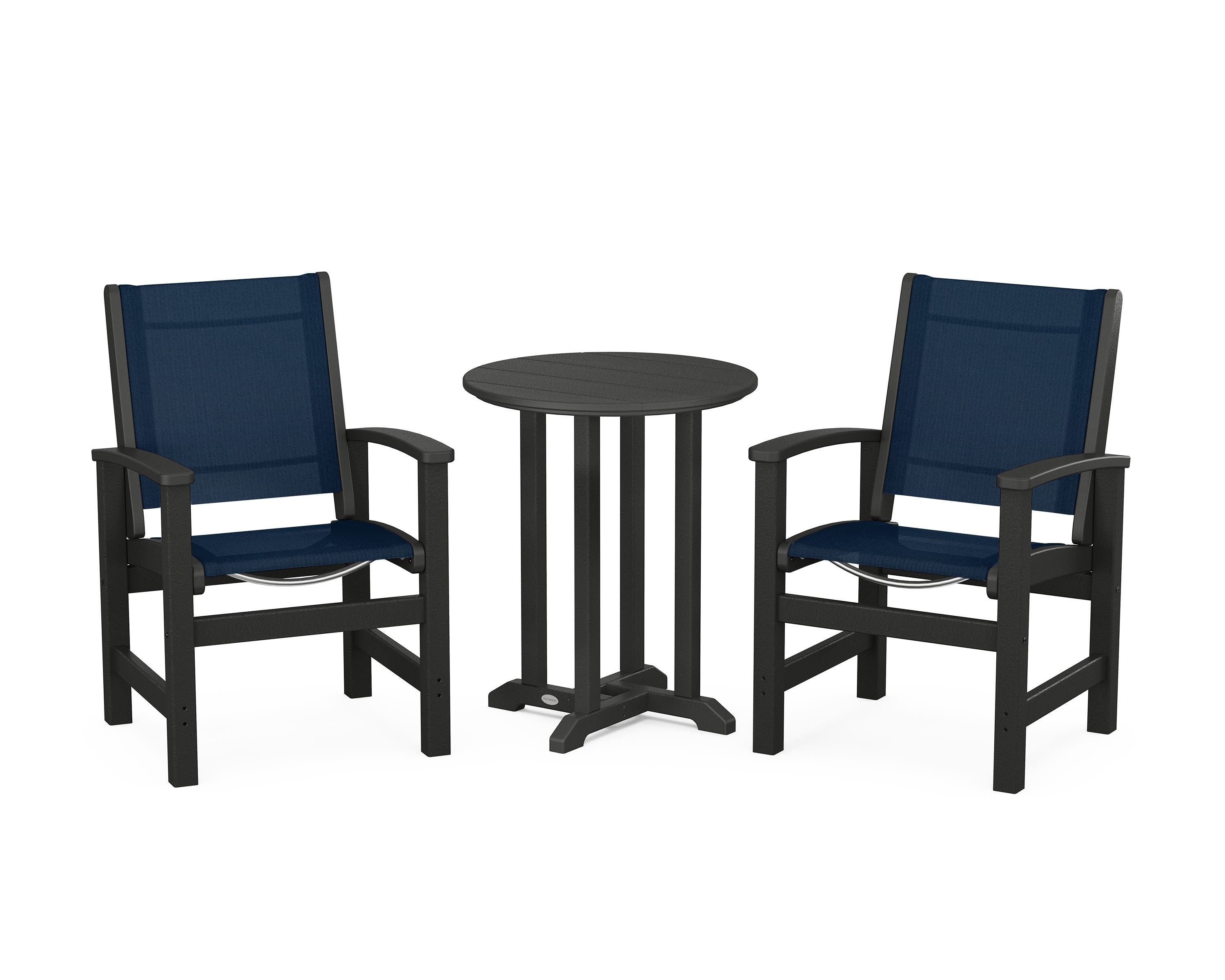 POLYWOOD Coastal 3-Piece Round Bistro Dining Set in Black / Navy Blue Sling