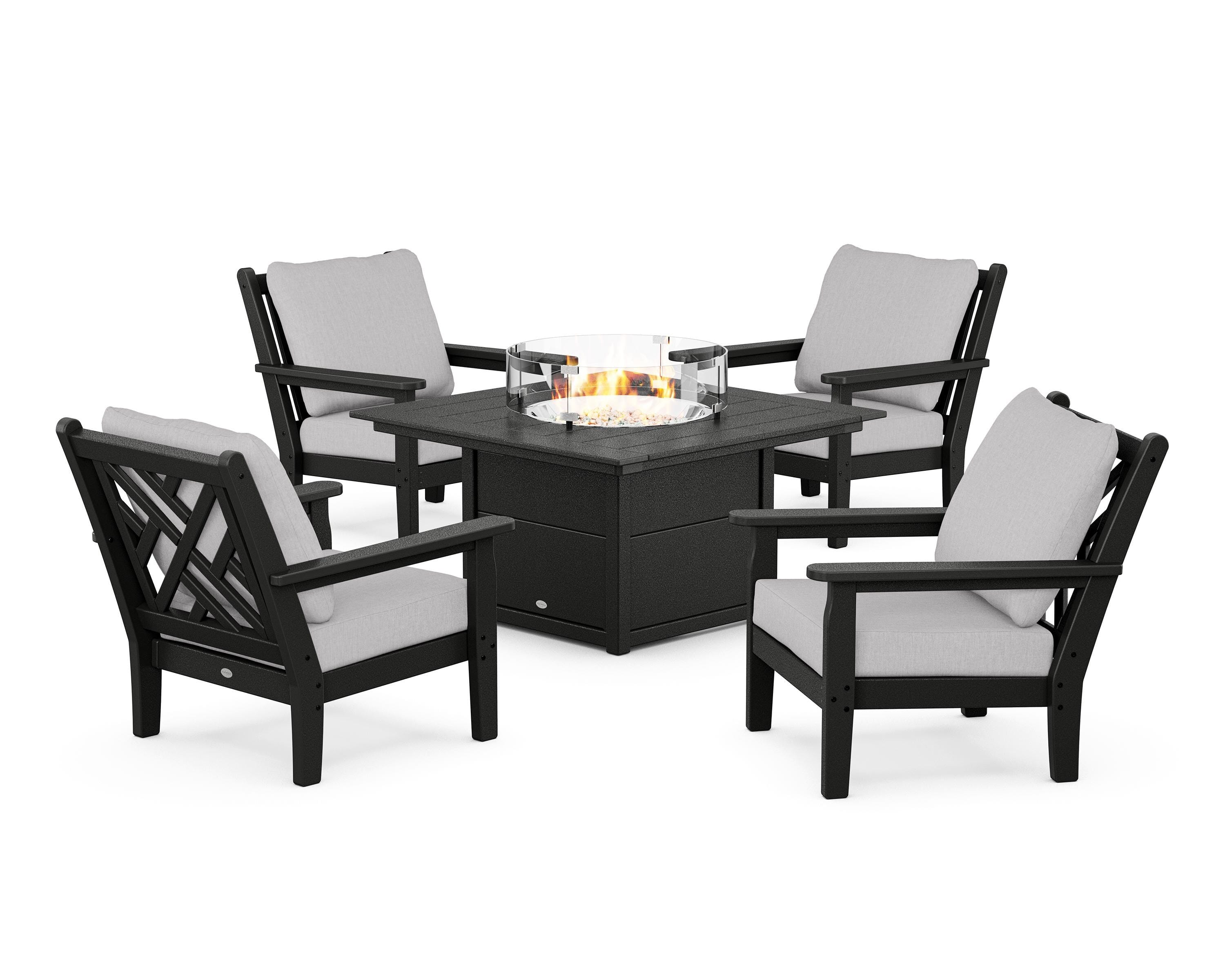 POLYWOOD Chippendale 5-Piece Deep Seating Set with Fire Pit Table in Black / Granite