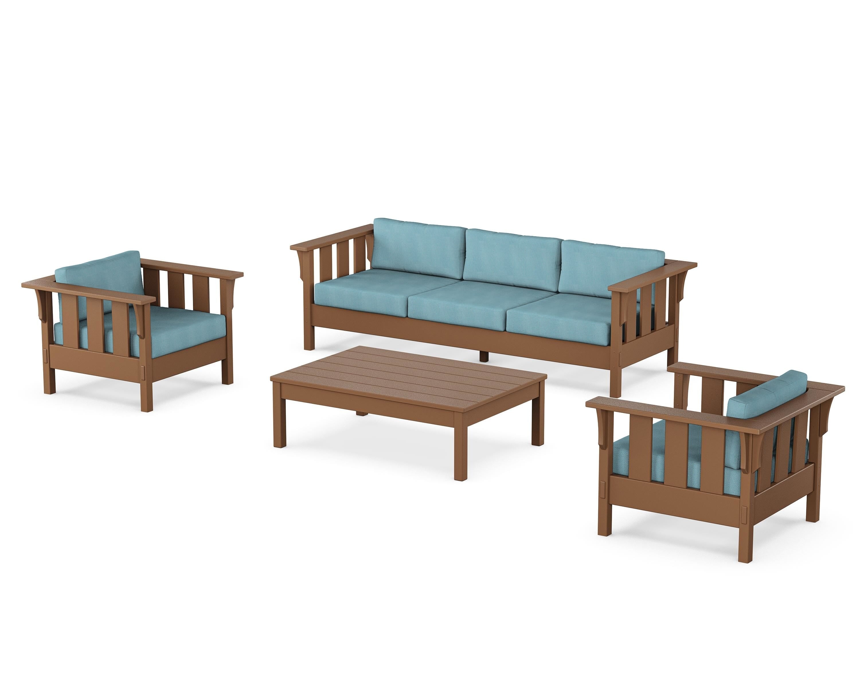 Martha Stewart by POLYWOOD Acadia 4-Piece Deep Seating Set with Sofa in Teak / Lattice Sky Blue