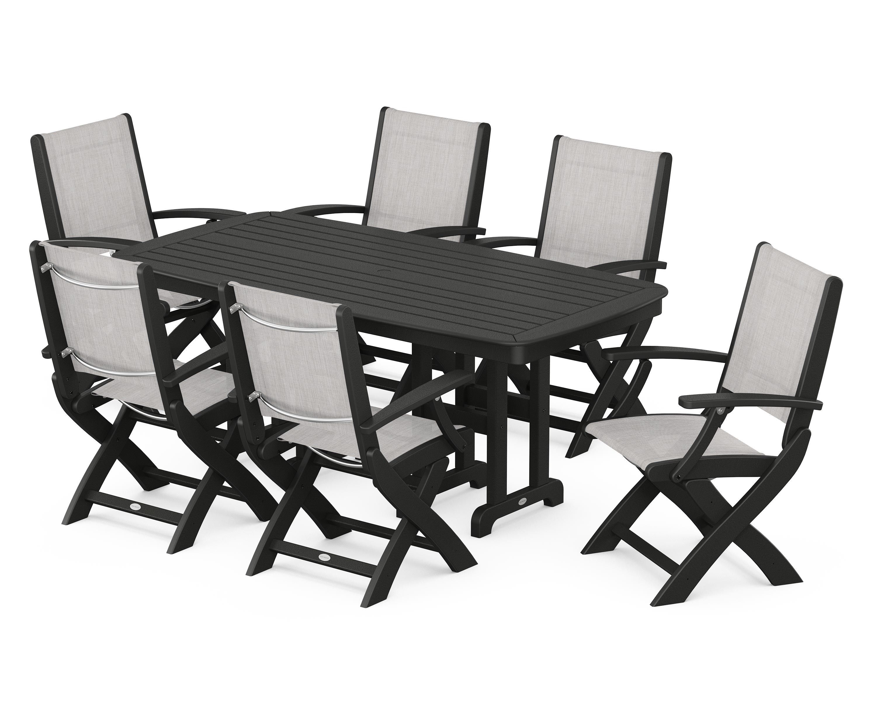 POLYWOOD Coastal Folding Arm Chair 7-Piece Dining Set in Black / Parchment Sling
