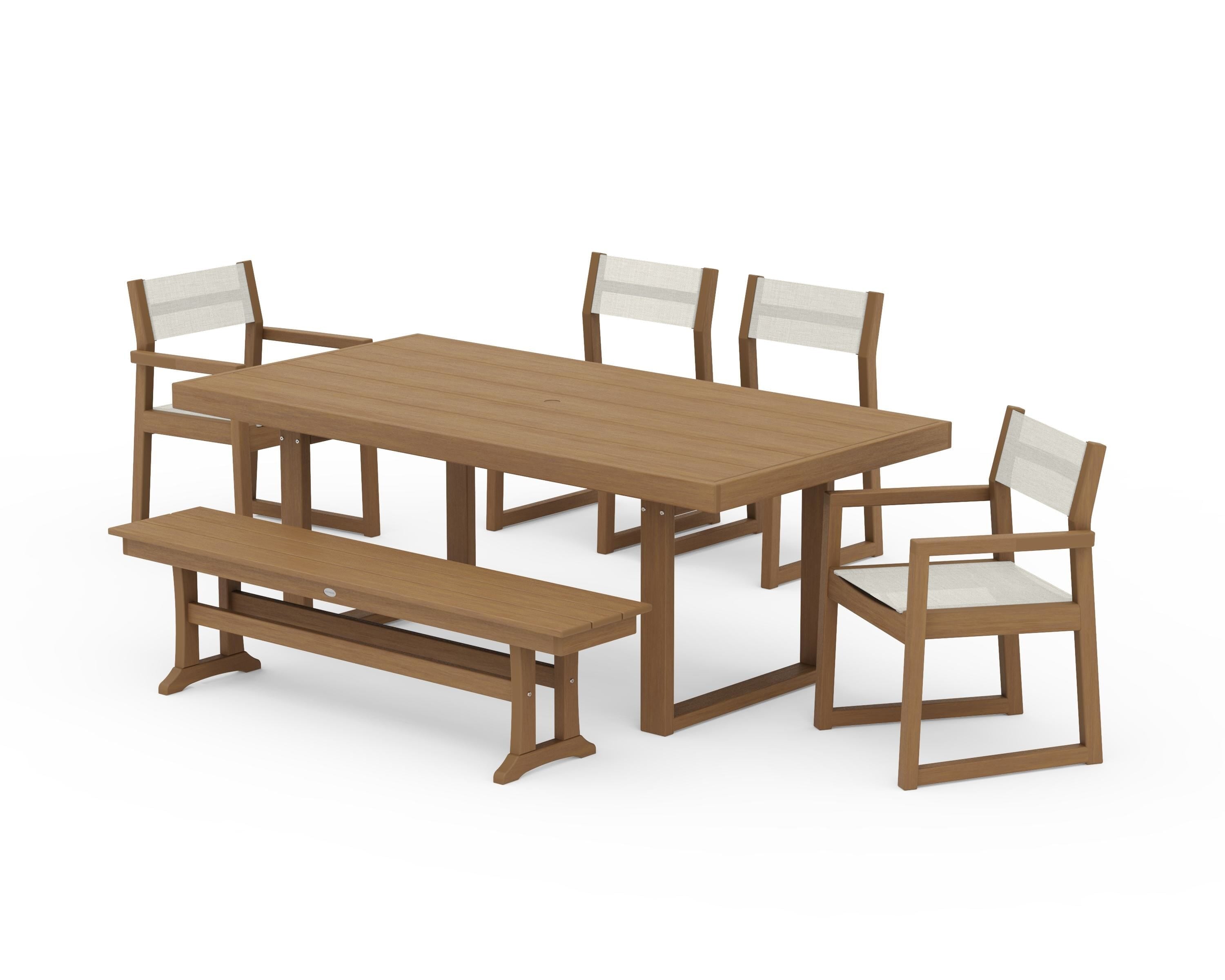 POLYWOOD EDGE Sling 6-Piece Dining Set with Bench in Natural / Parchment Sling