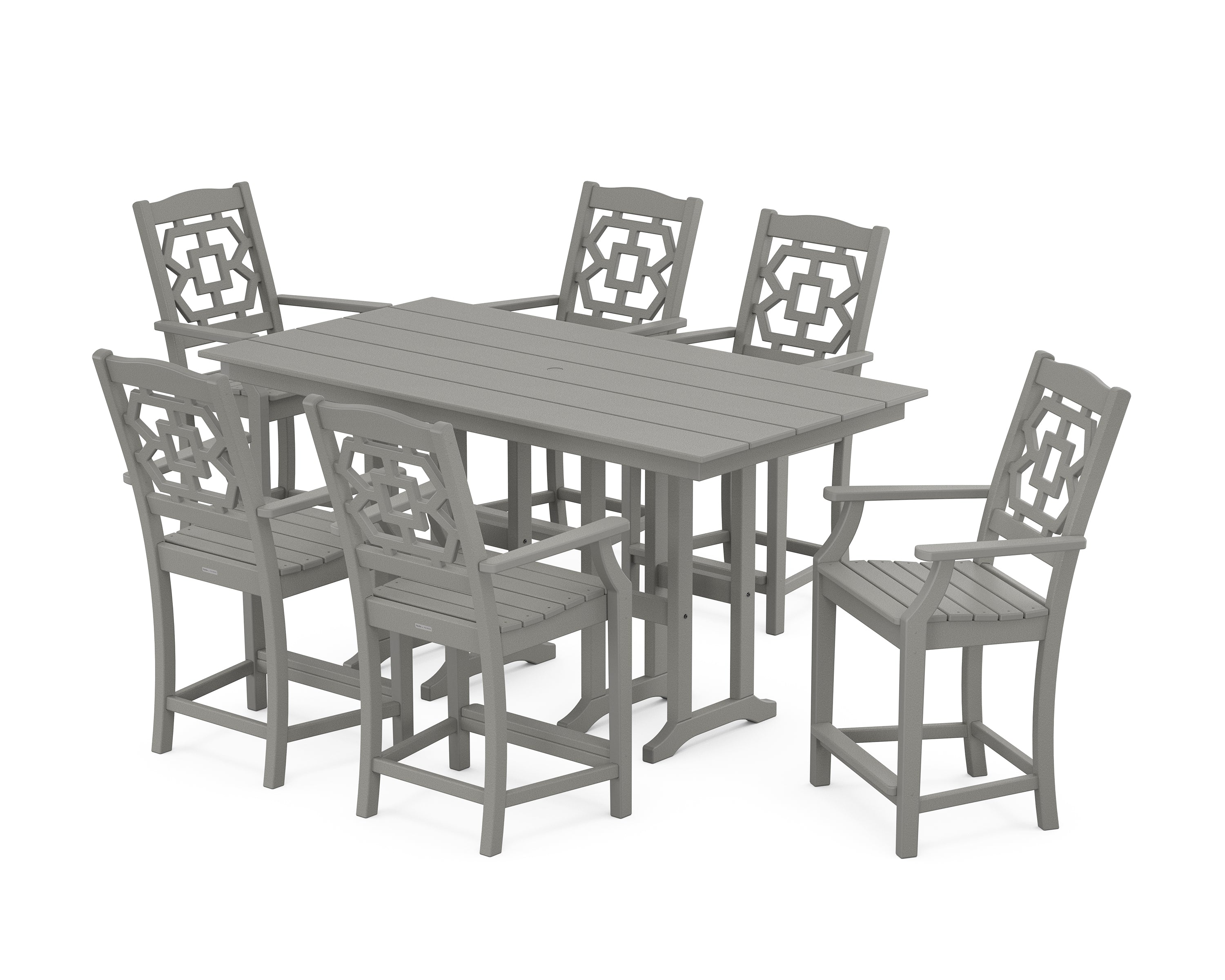 Martha Stewart by POLYWOOD® Chinoiserie Arm Chair 7-Piece Farmhouse Counter Set in Slate Grey