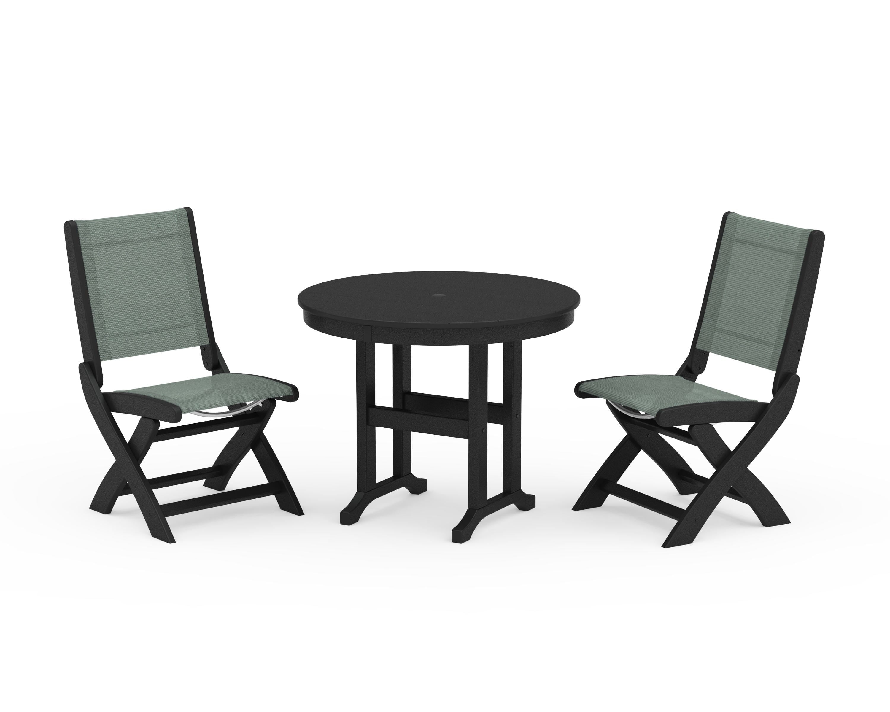 POLYWOOD Coastal Folding Side Chair 3-Piece Round Dining Set in Black / Dupioni Sea Mist Sling