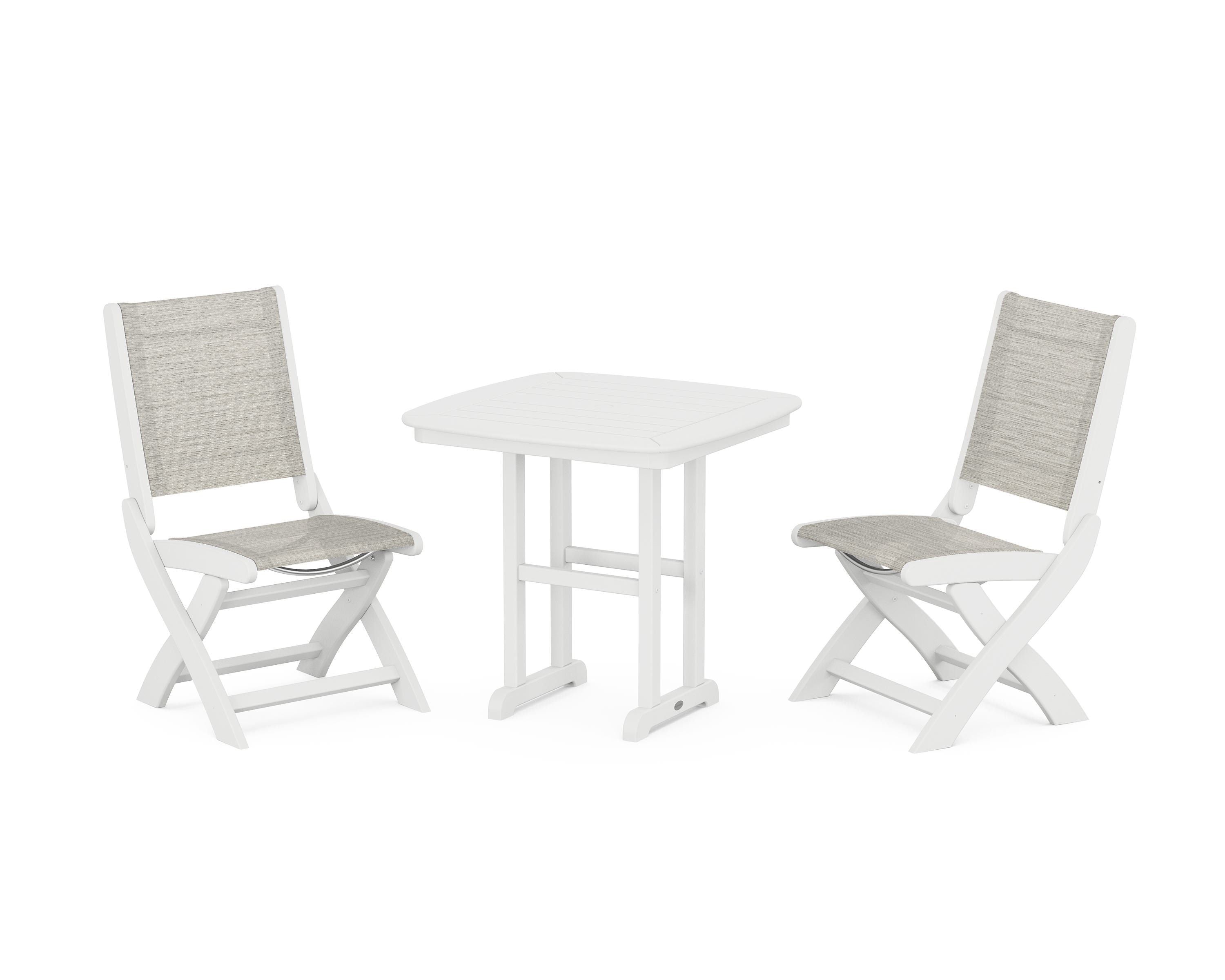 POLYWOOD Coastal Folding Side Chair 3-Piece Dining Set in White / Birch Sling