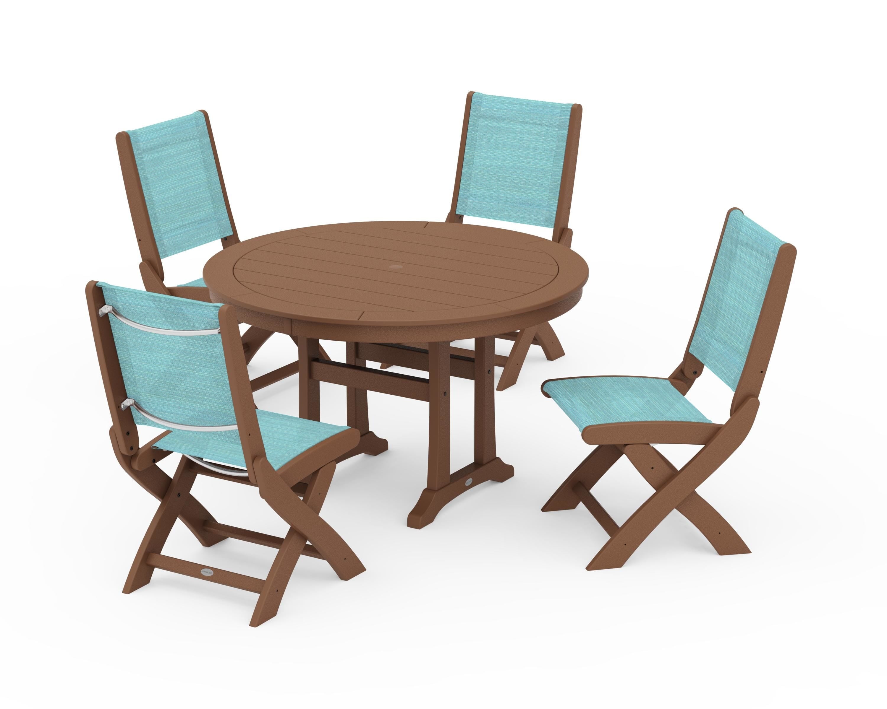 POLYWOOD Coastal Folding Side Chair 5-Piece Round Dining Set With Trestle Legs in Teak / Dupioni Aquamarine Sling