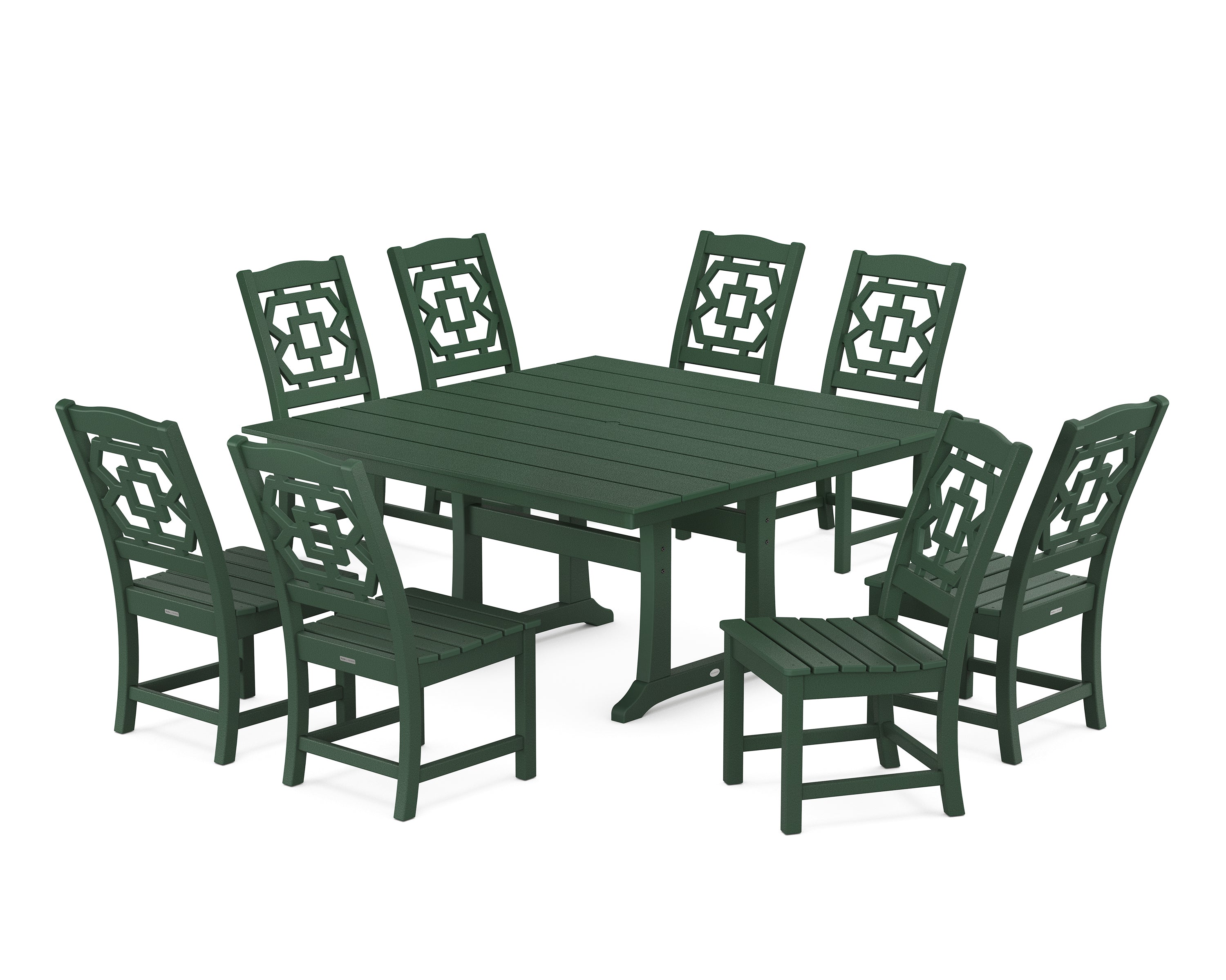 Martha Stewart by POLYWOOD® Chinoiserie 9-Piece Square Farmhouse Side Chair Dining Set with Trestle Legs in Green