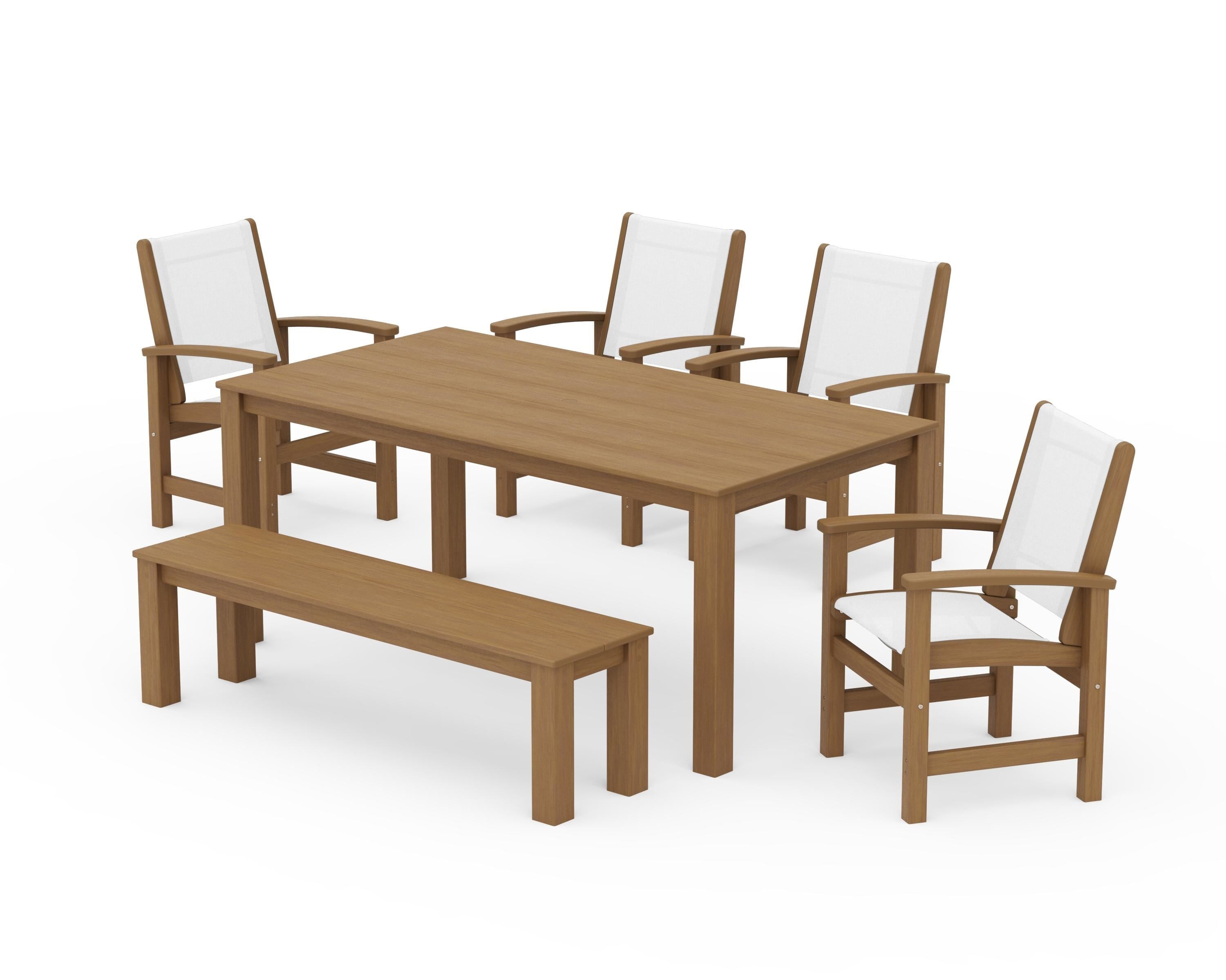 POLYWOOD Coastal 6-Piece Parsons Dining Set with Bench in Natural / White Sling
