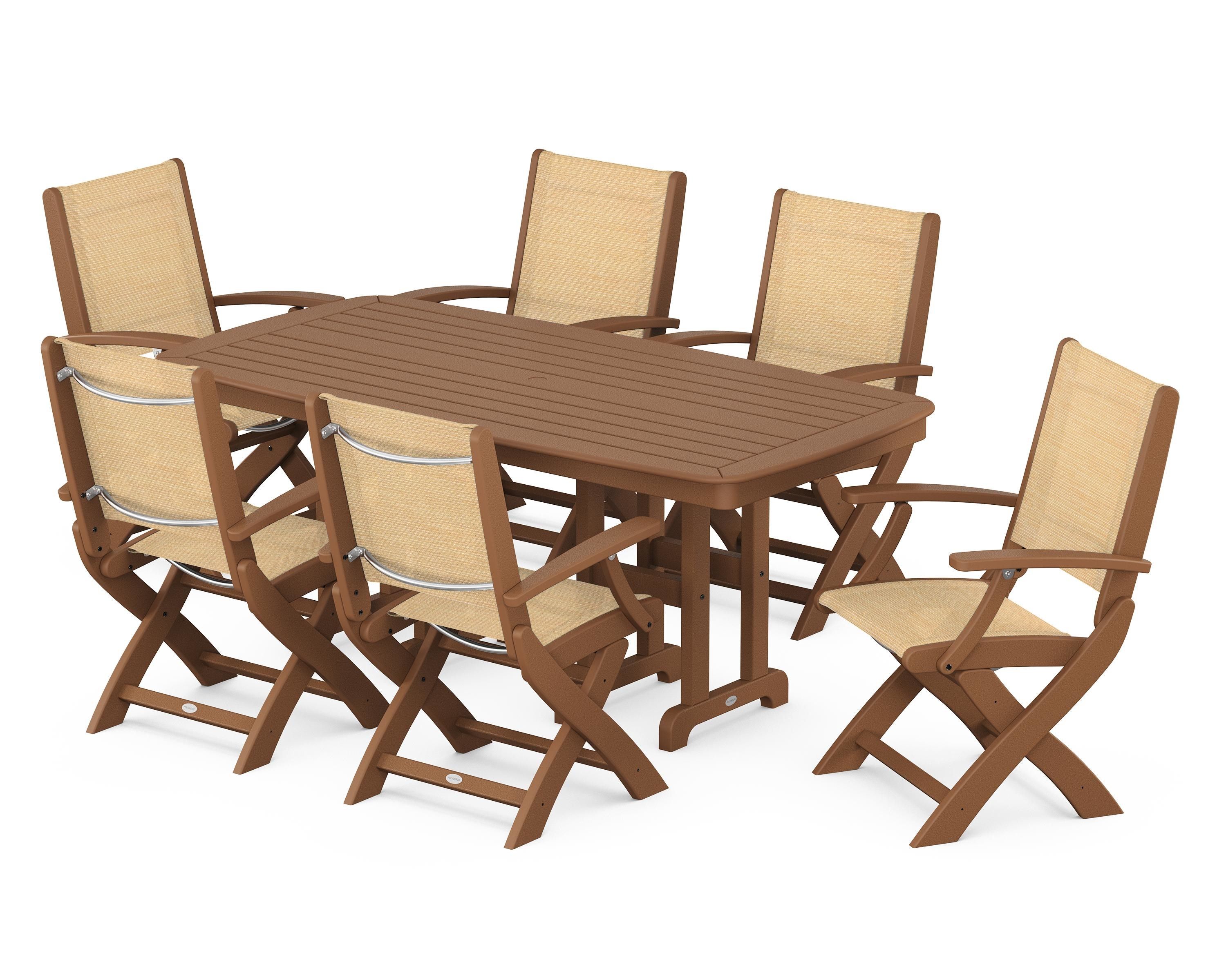 POLYWOOD Coastal Folding Arm Chair 7-Piece Dining Set in Teak / Dupioni Apricot Sling