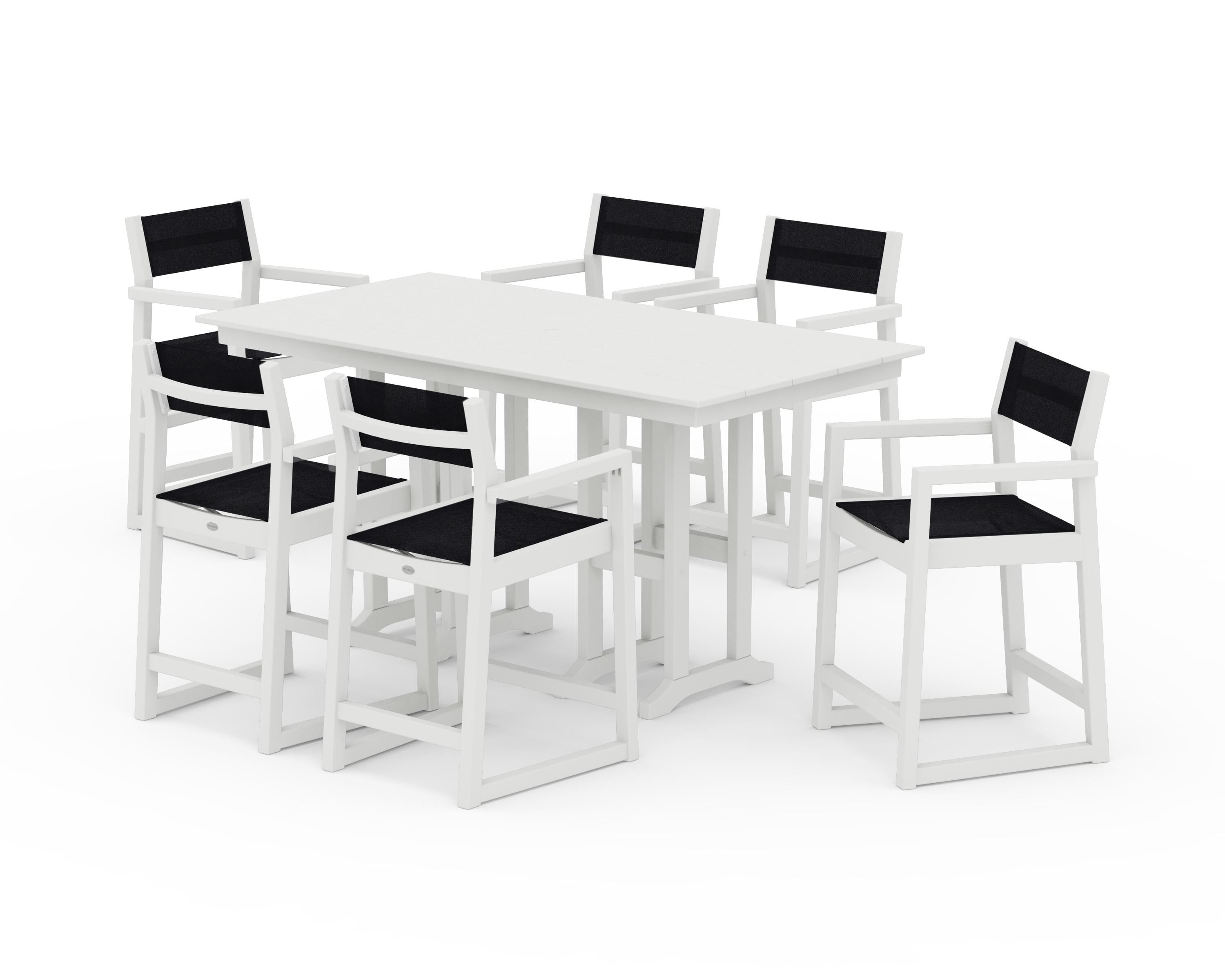 POLYWOOD EDGE Sling Arm Chair 7-Piece Farmhouse Counter Set in Vintage White / Black Sling