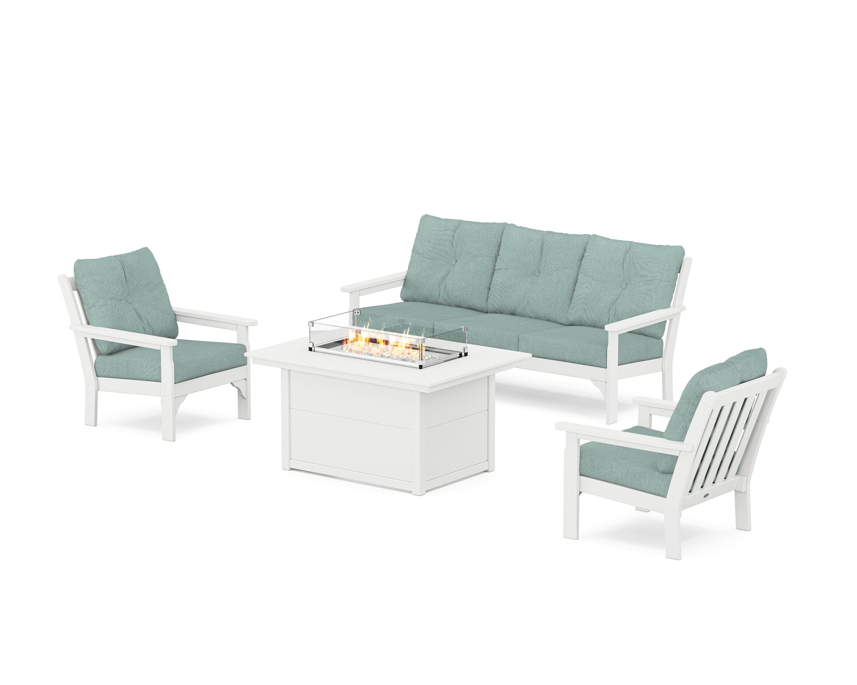 POLYWOOD Vineyard Deep Seating Fire Pit Table Set in White / Glacier Spa