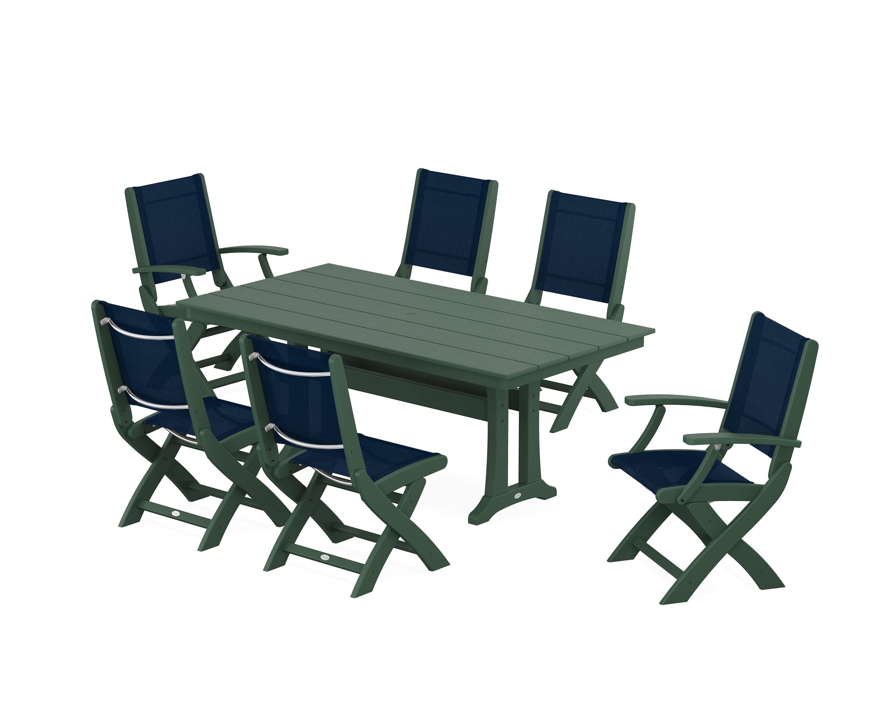 POLYWOOD Coastal Folding Chair 7-Piece Farmhouse Dining Set with Trestle Legs in Green / Navy Blue Sling